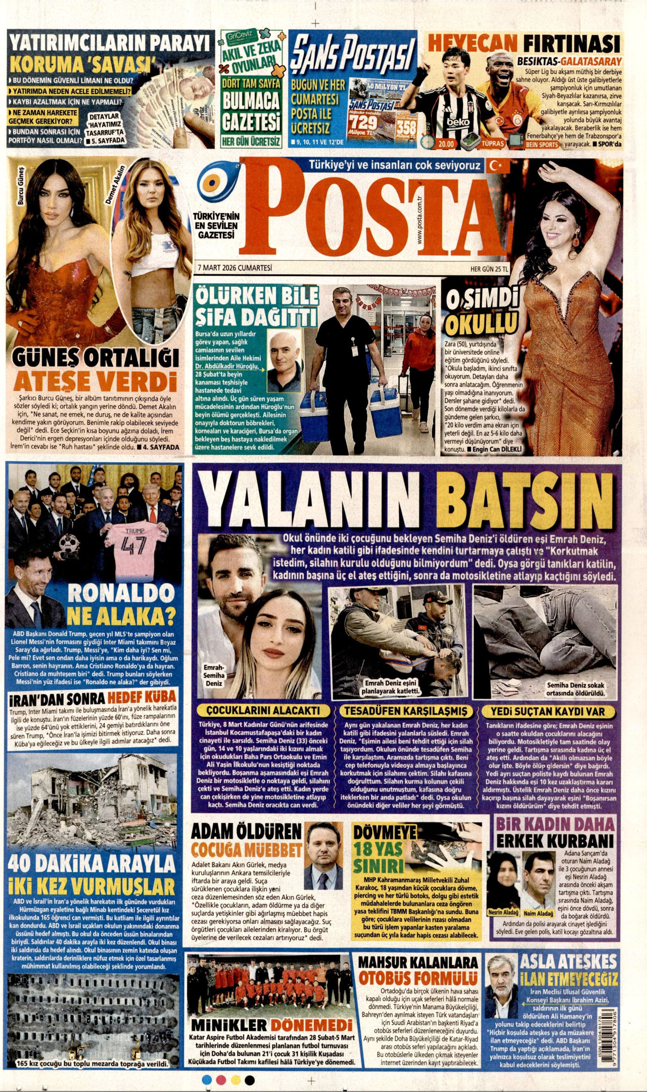 POSTA gazetesinin 7 Mart 2026 tarihli birinci sayfası