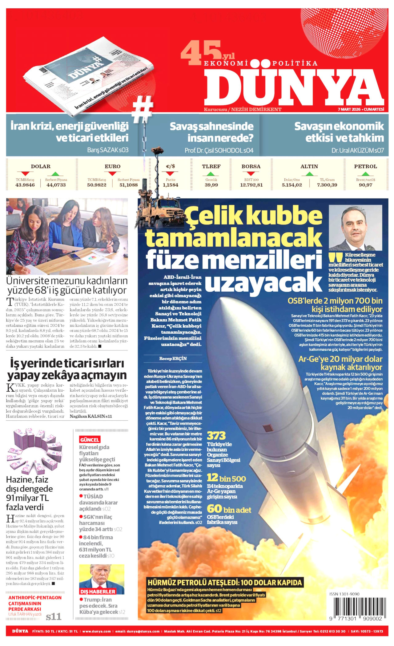 DÜNYA gazetesinin 7 Mart 2026 tarihli birinci sayfası