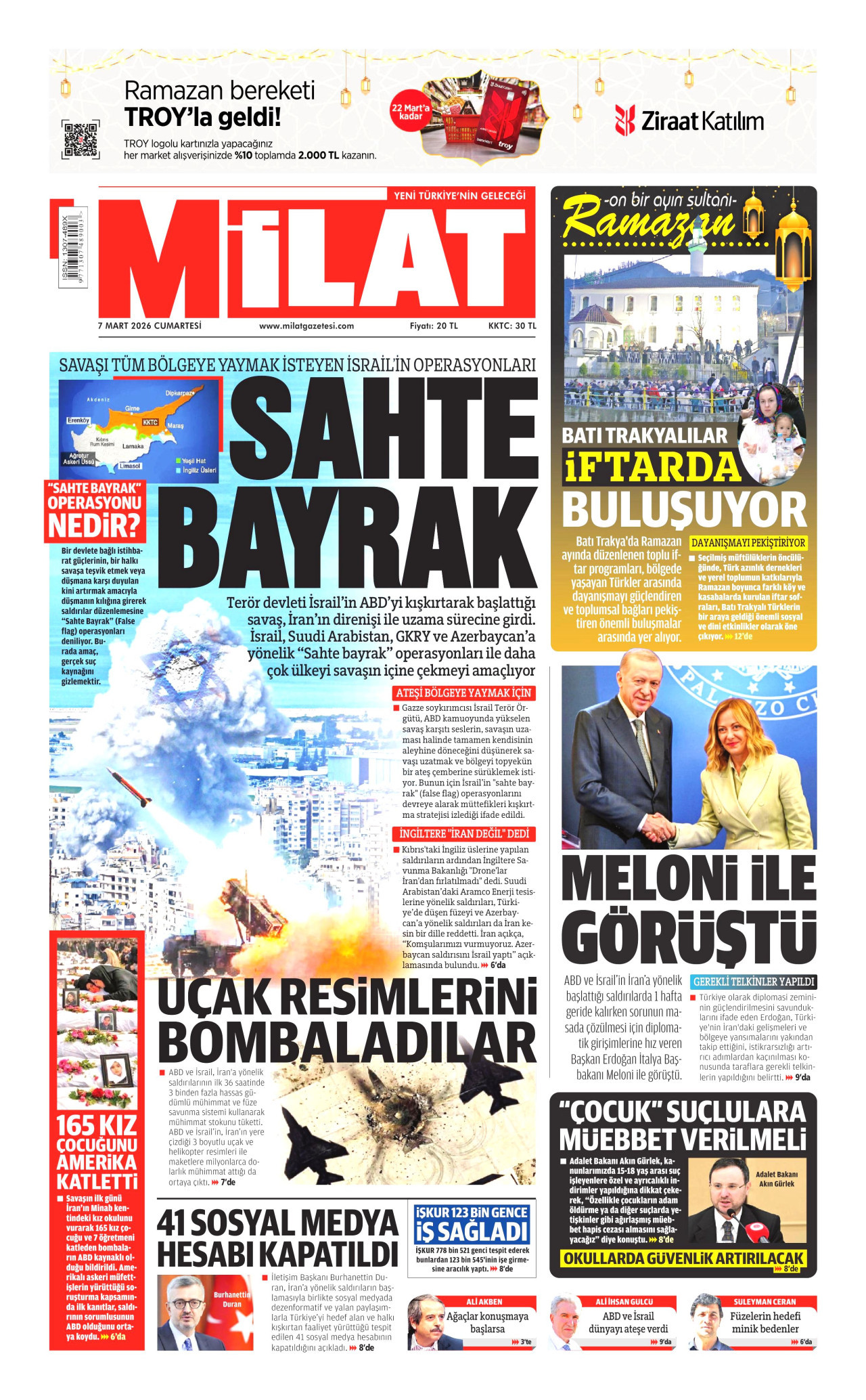MİLAT gazetesinin 7 Mart 2026 tarihli birinci sayfası