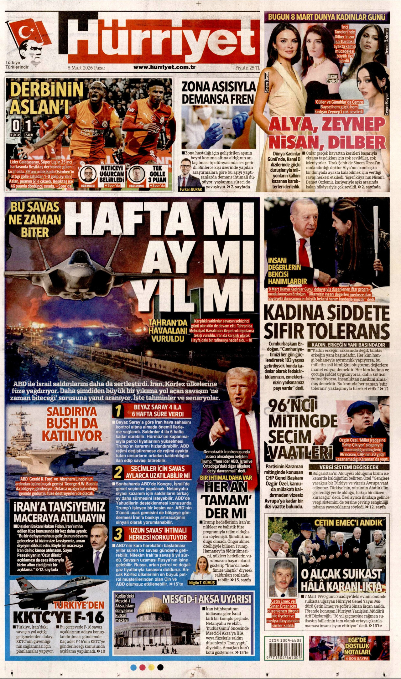 HÜRRİYET gazetesinin 8 Mart 2026 tarihli birinci sayfası