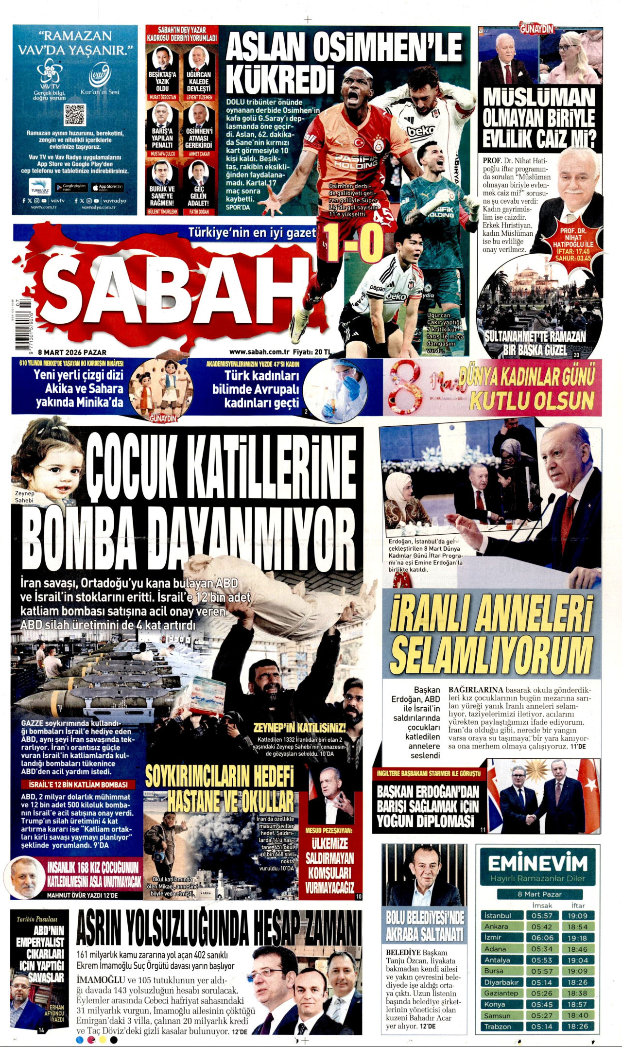 SABAH gazetesinin 8 Mart 2026 tarihli birinci sayfası