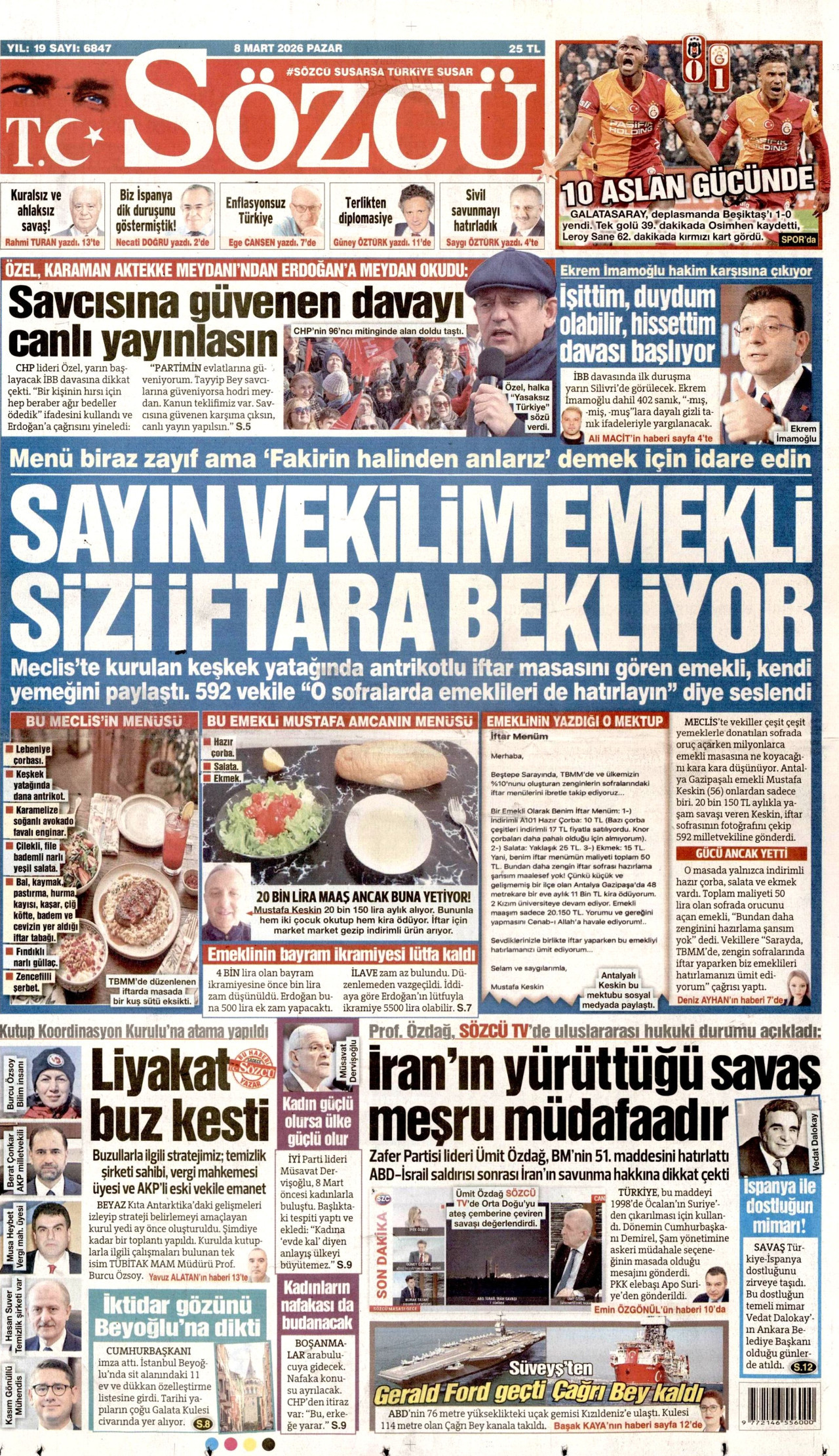 SÖZCÜ gazetesinin 8 Mart 2026 tarihli birinci sayfası