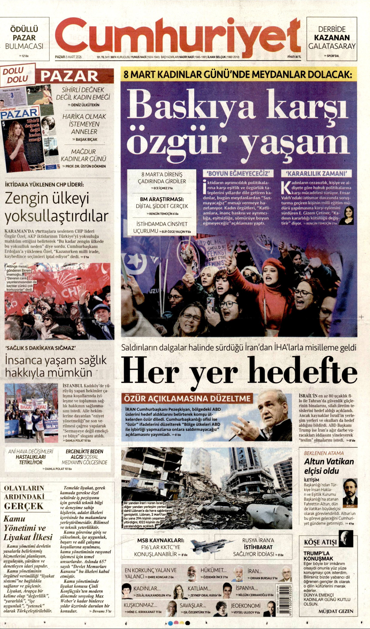 CUMHURİYET gazetesinin 8 Mart 2026 tarihli birinci sayfası