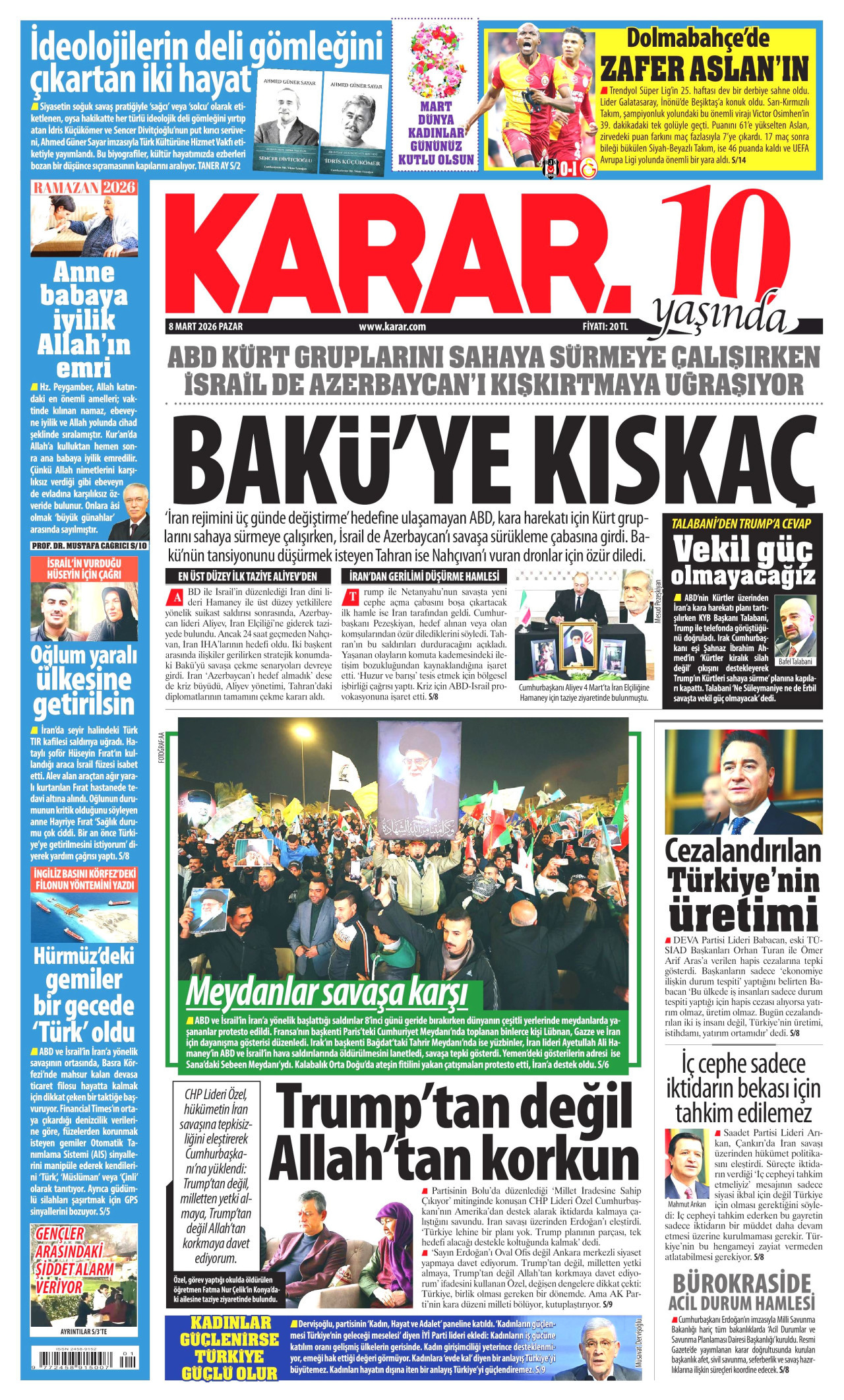 KARAR gazetesinin 8 Mart 2026 tarihli birinci sayfası