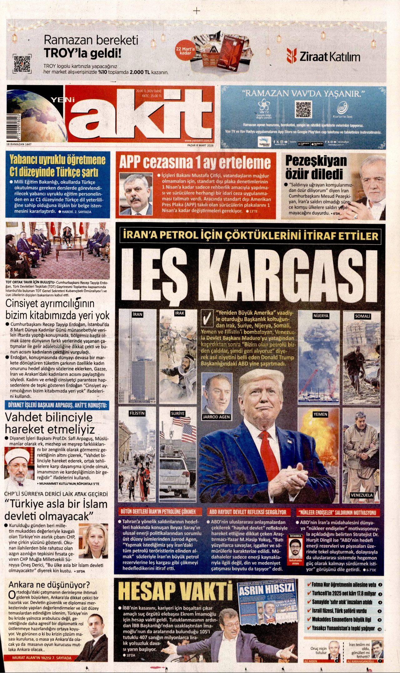 YENİ AKİT gazetesinin 8 Mart 2026 tarihli birinci sayfası