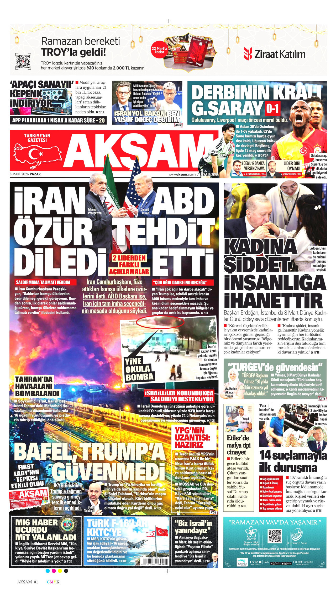 AKŞAM gazetesinin 8 Mart 2026 tarihli birinci sayfası