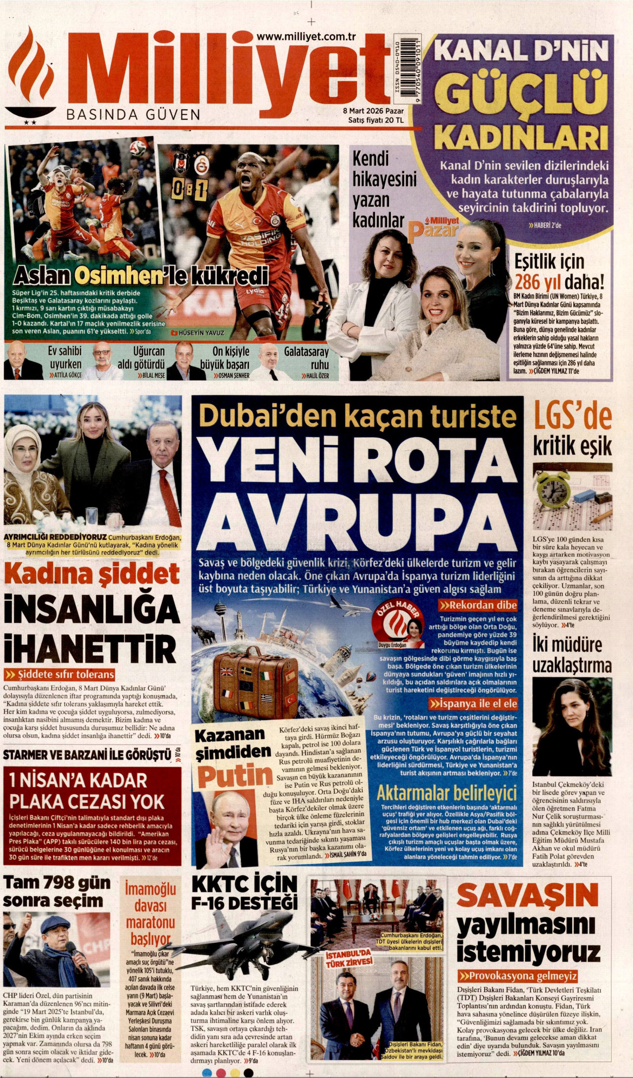 MİLLİYET gazetesinin 8 Mart 2026 tarihli birinci sayfası
