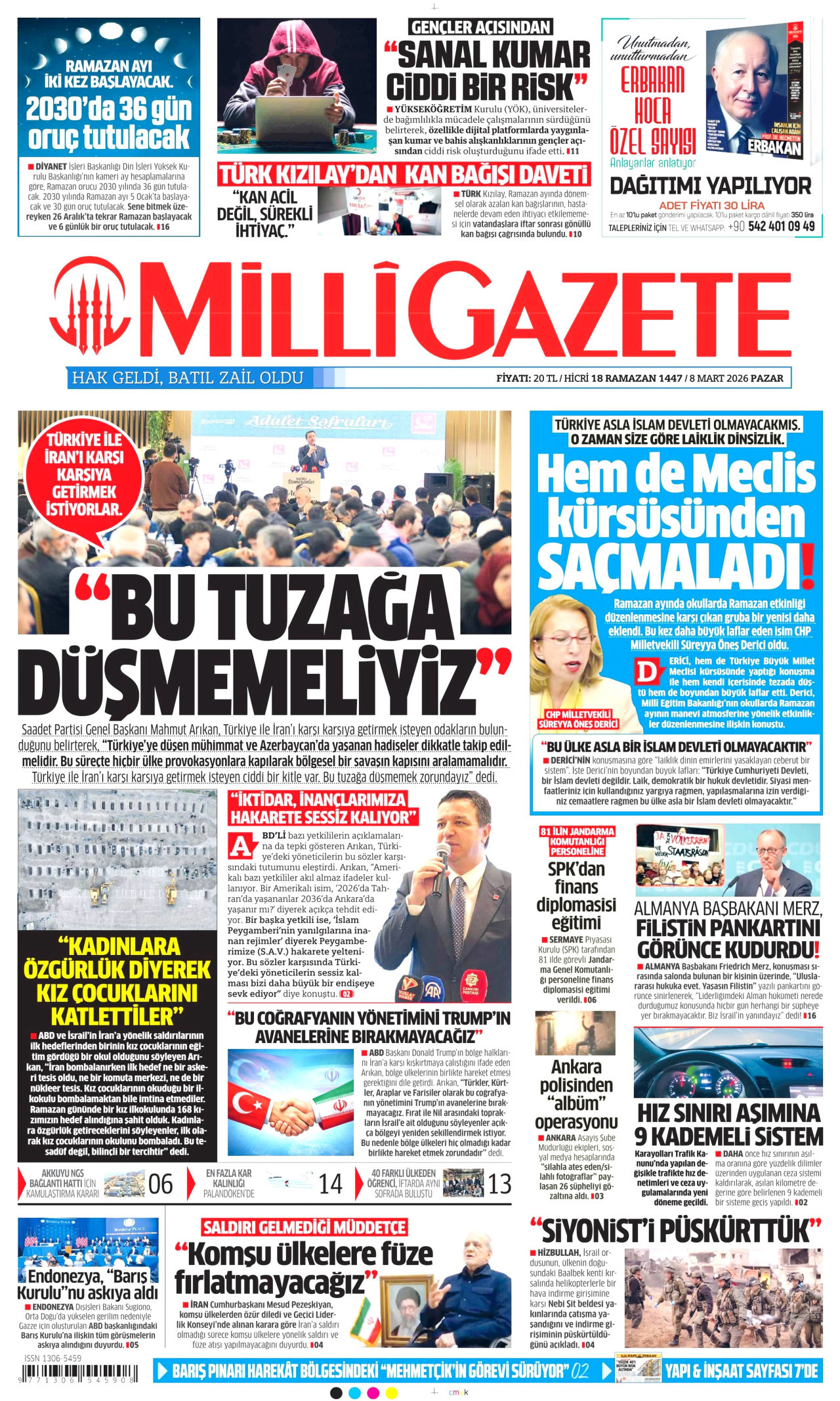 MİLLİ GAZETE gazetesinin 8 Mart 2026 tarihli birinci sayfası
