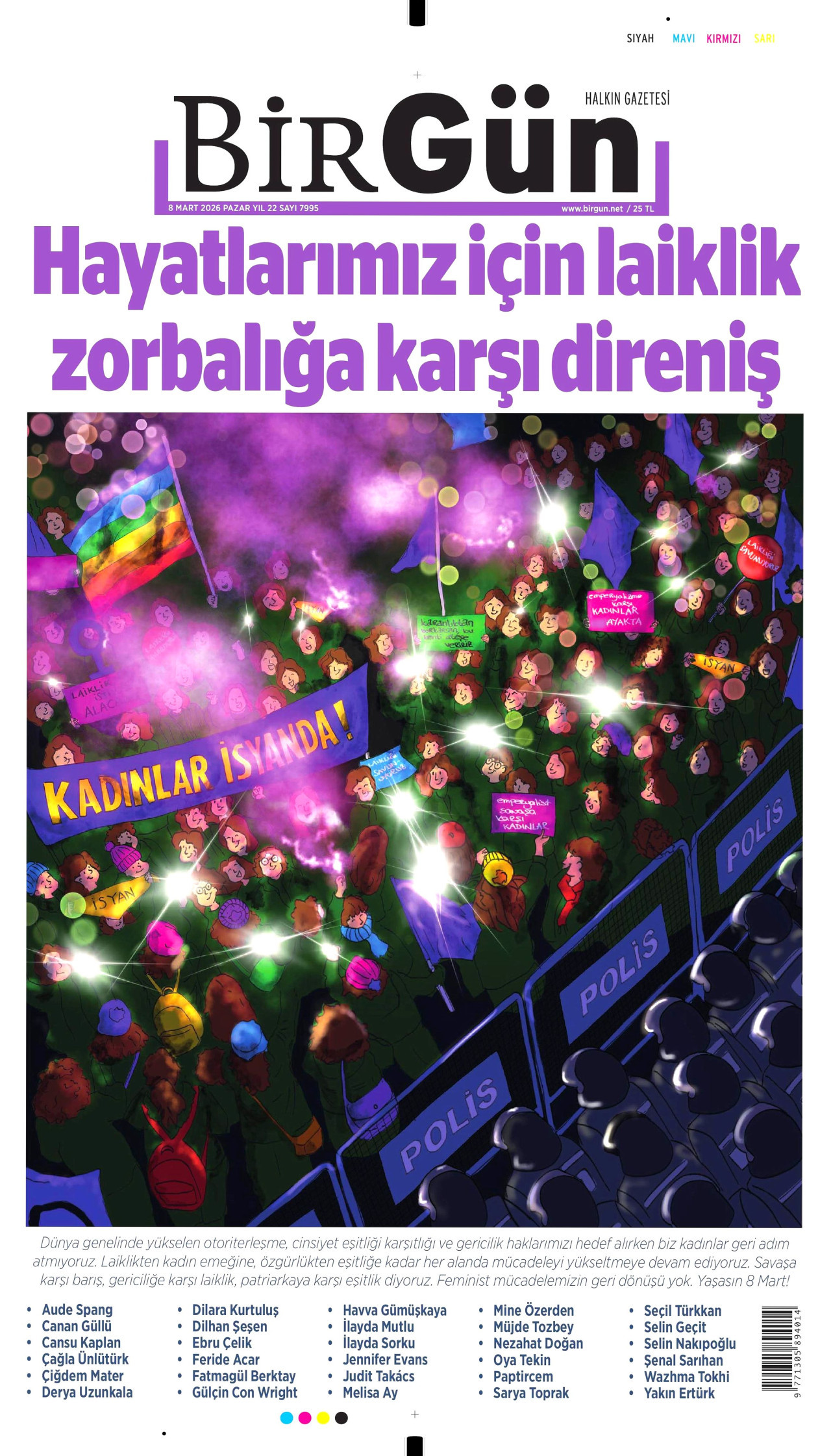 BİRGÜN gazetesinin 8 Mart 2026 tarihli birinci sayfası