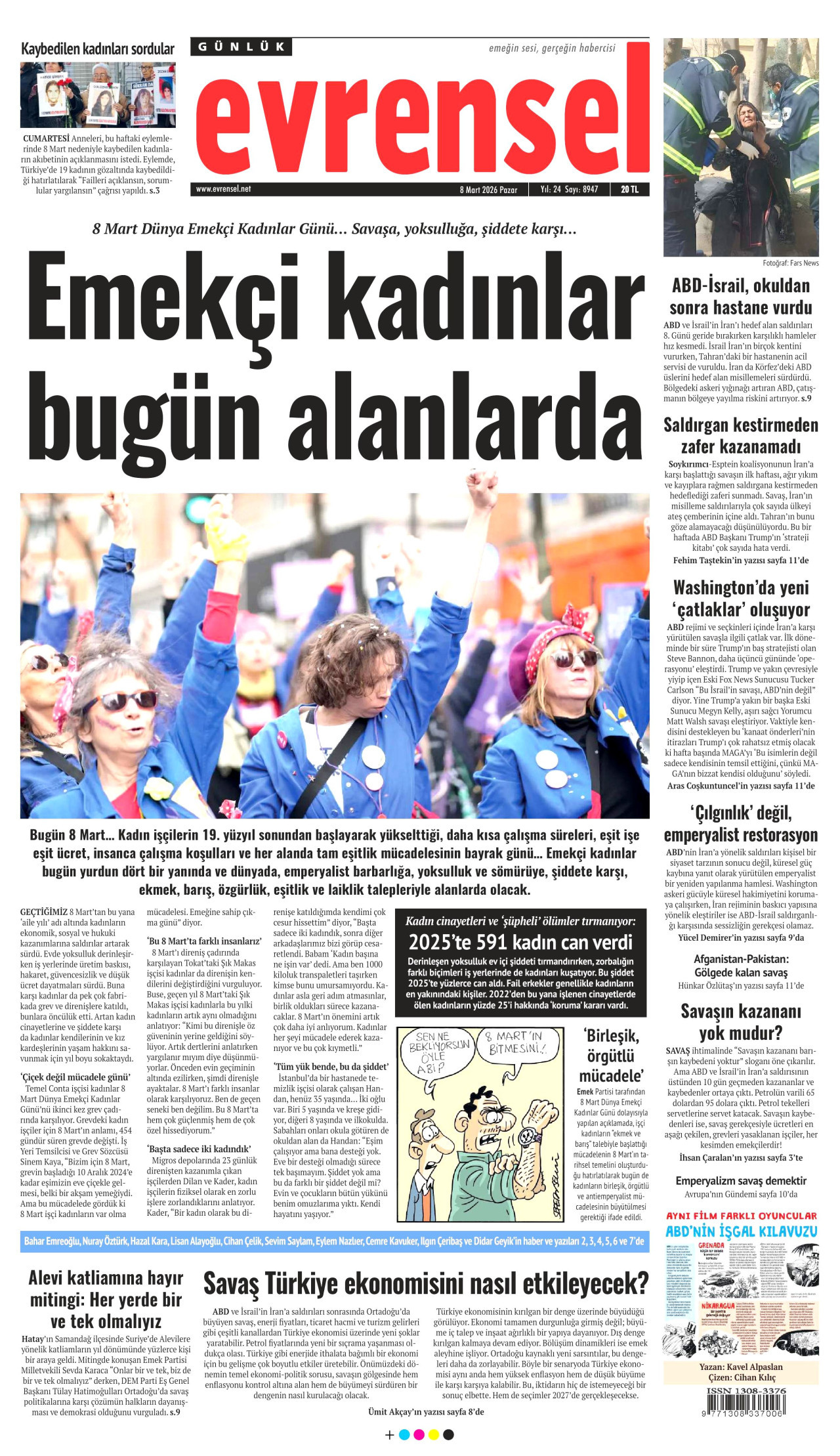 EVRENSEL gazetesinin 8 Mart 2026 tarihli birinci sayfası