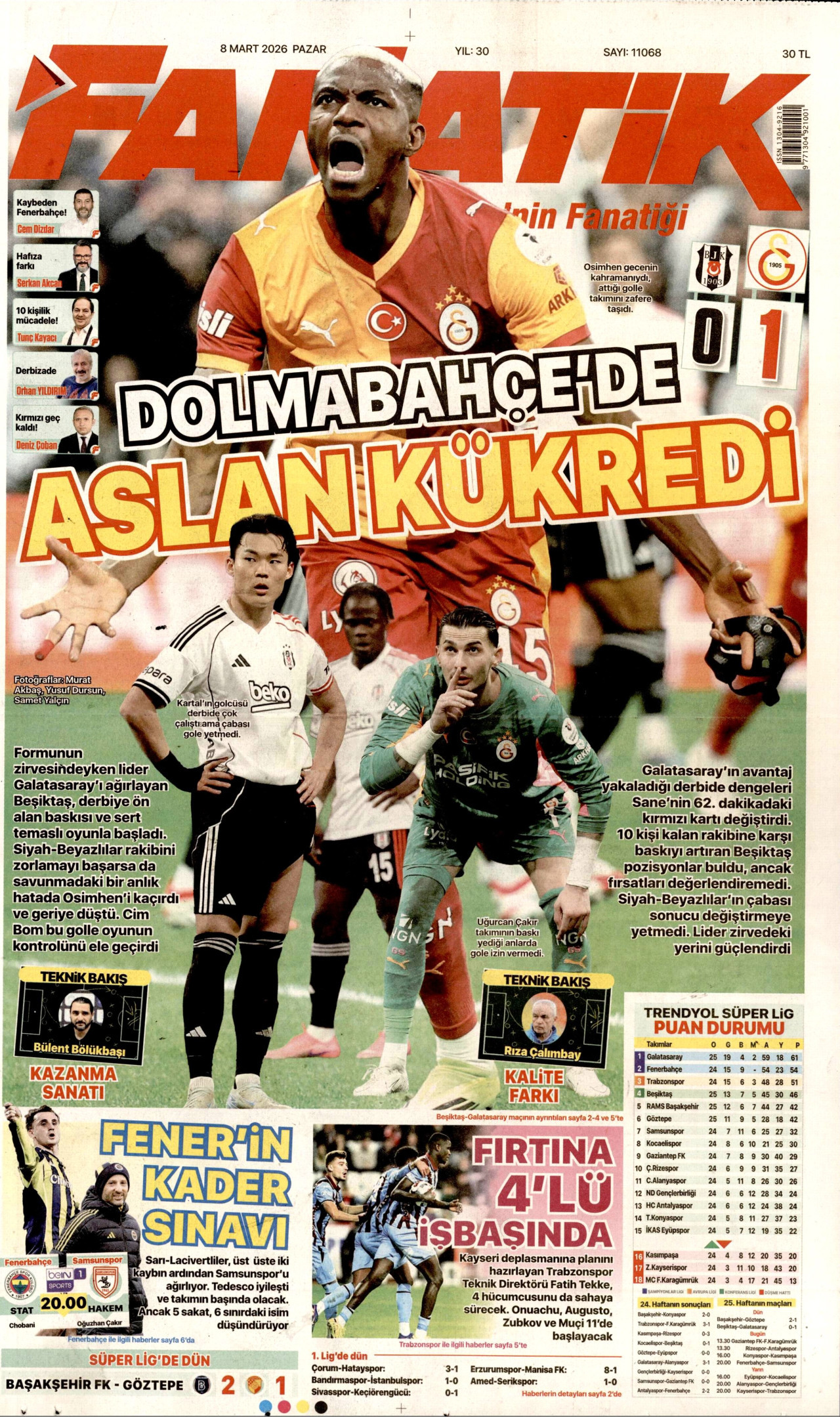 FANATİK gazetesinin 8 Mart 2026 tarihli birinci sayfası