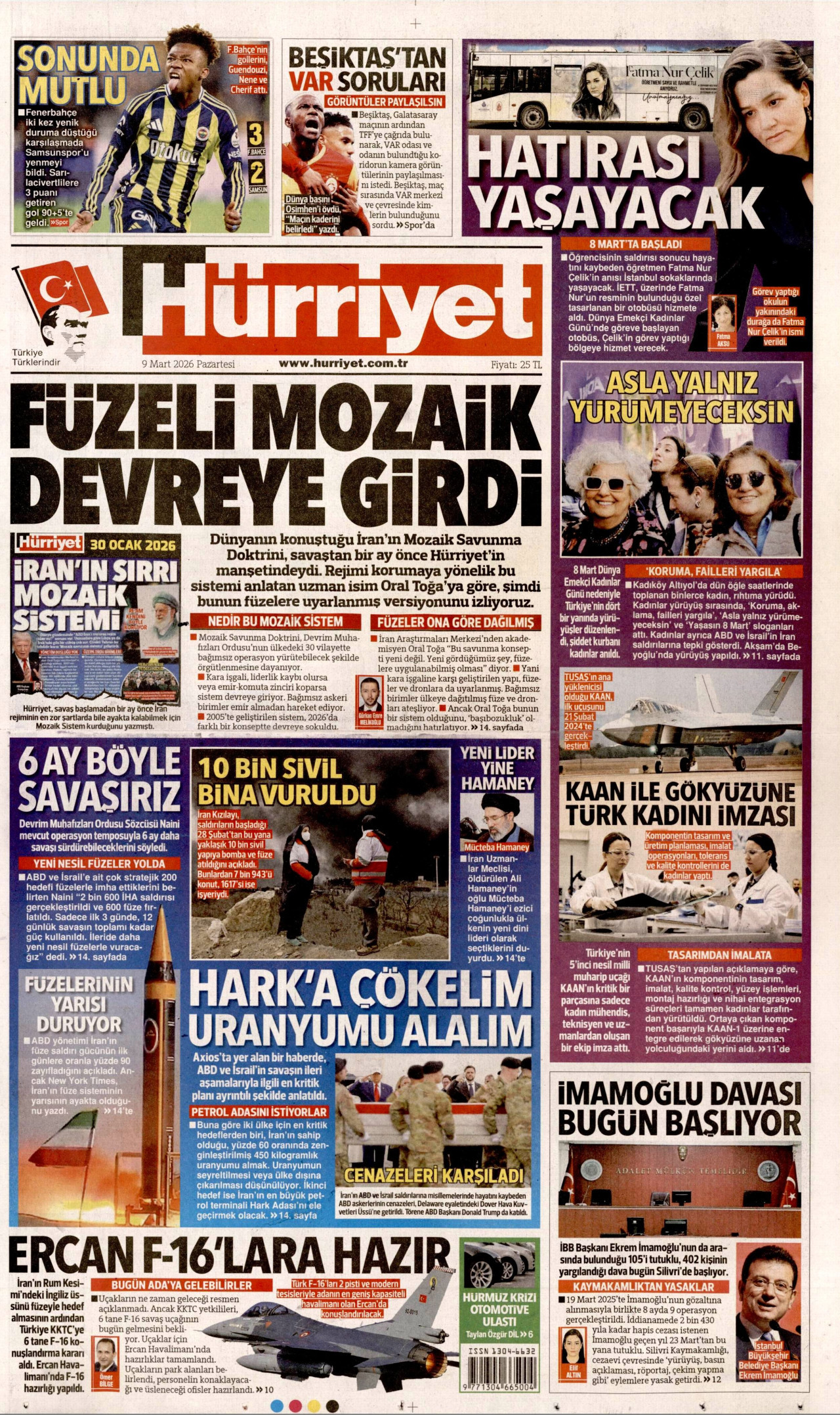 HÜRRİYET gazetesinin 9 Mart 2026 tarihli birinci sayfası