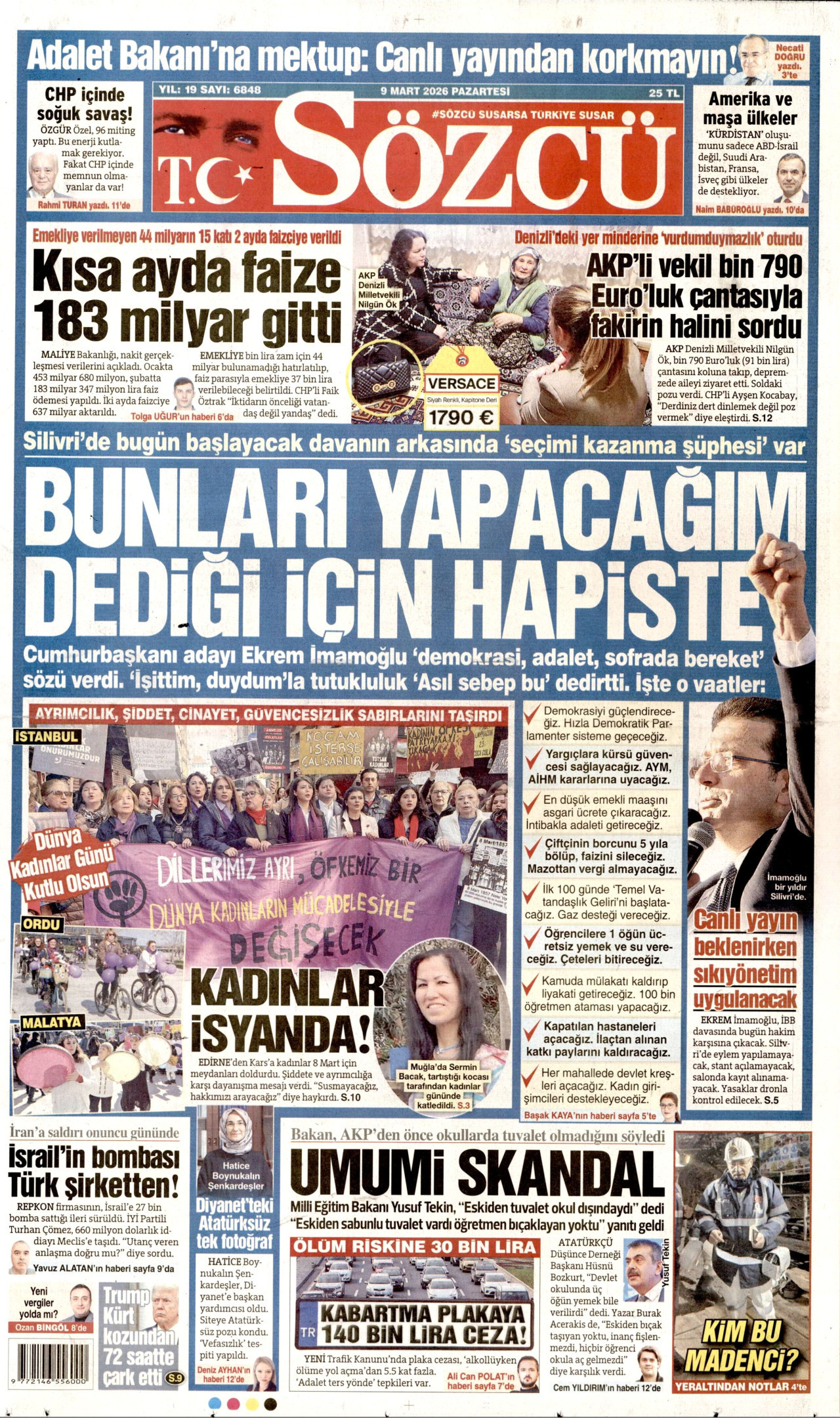 SÖZCÜ gazetesinin 9 Mart 2026 tarihli birinci sayfası