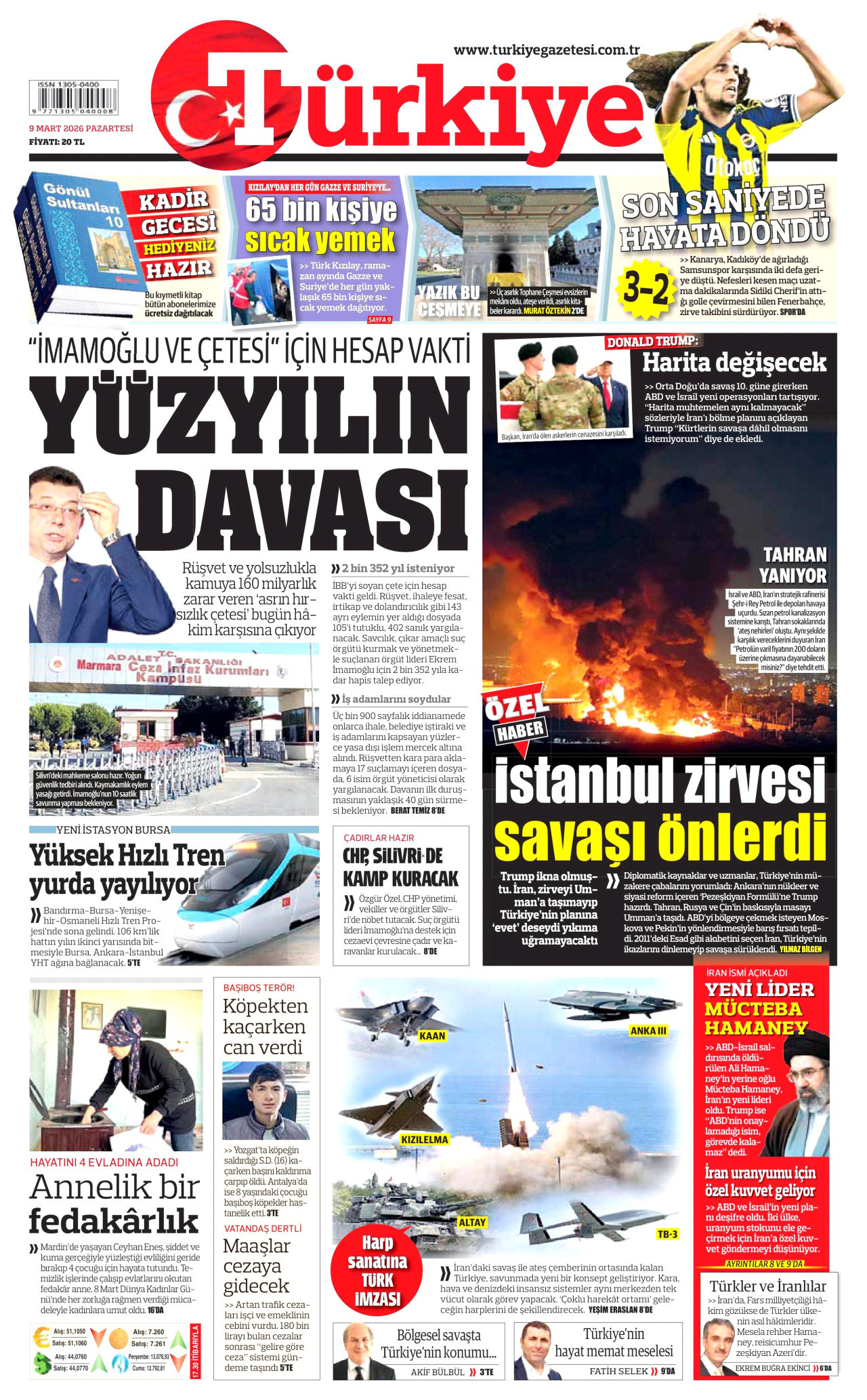 TÜRKİYE GAZETESİ gazetesinin 9 Mart 2026 tarihli birinci sayfası