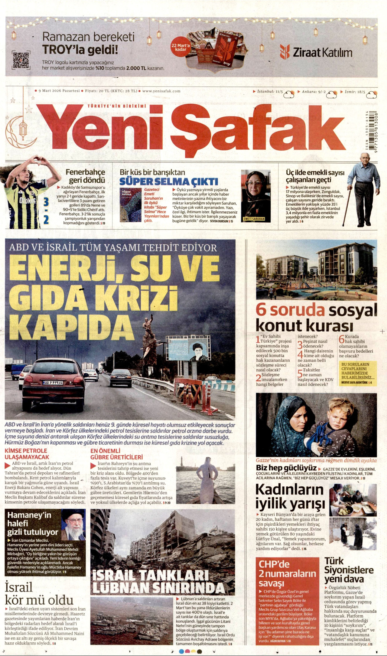 YENİ ŞAFAK gazetesinin 9 Mart 2026 tarihli birinci sayfası