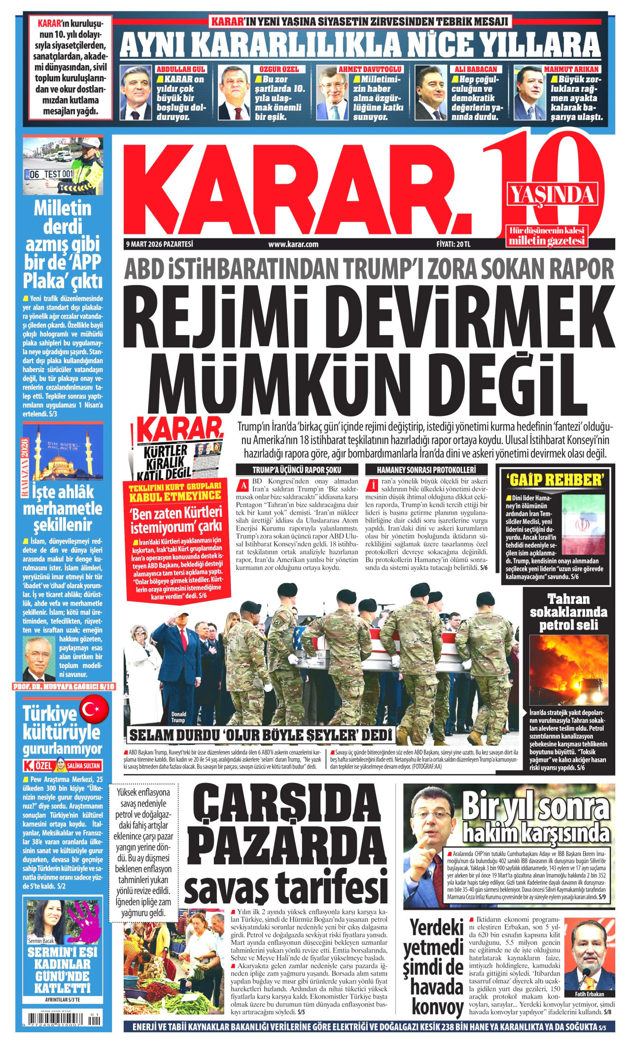 KARAR gazetesinin 9 Mart 2026 tarihli birinci sayfası
