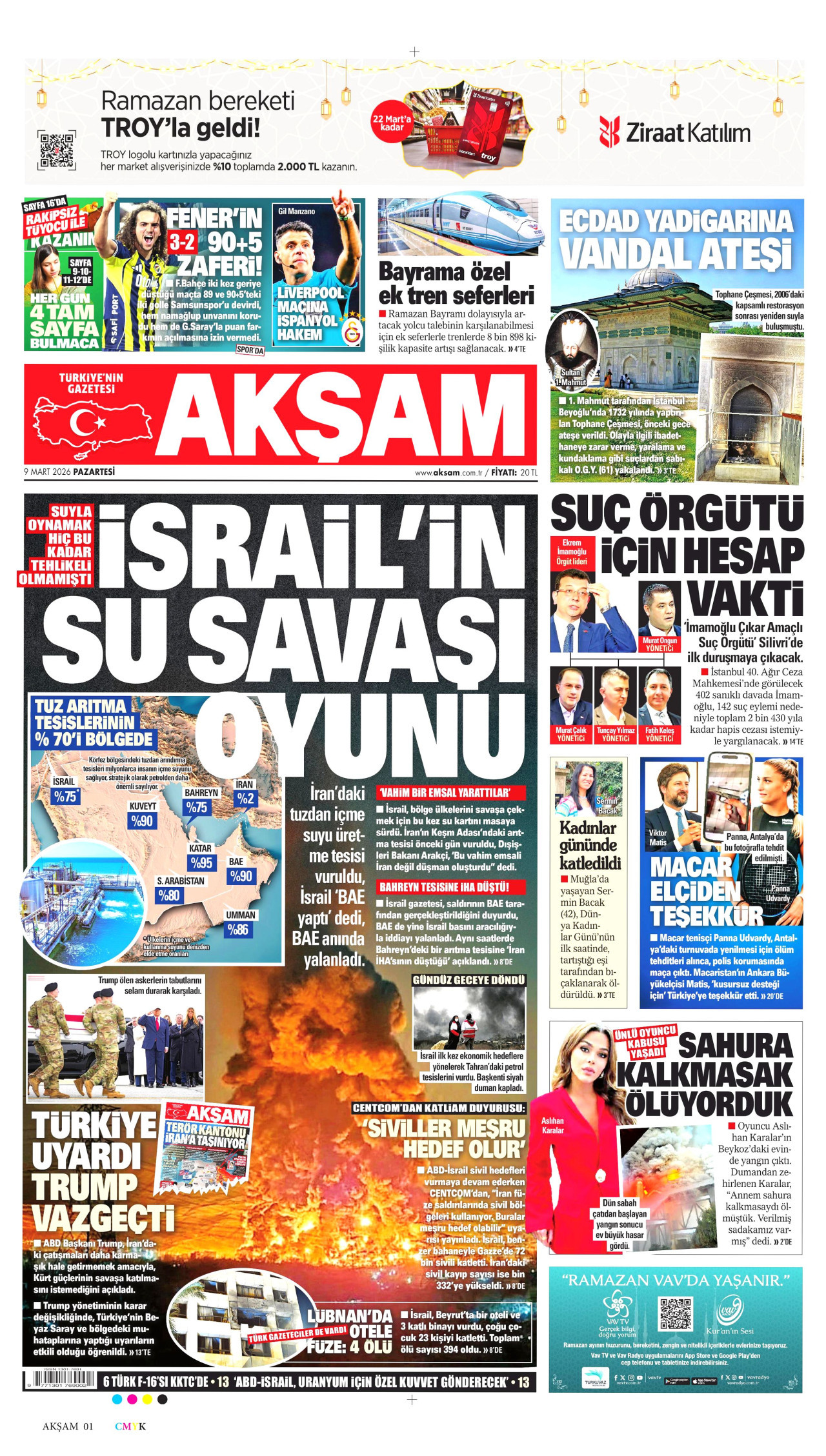 AKŞAM gazetesinin 9 Mart 2026 tarihli birinci sayfası