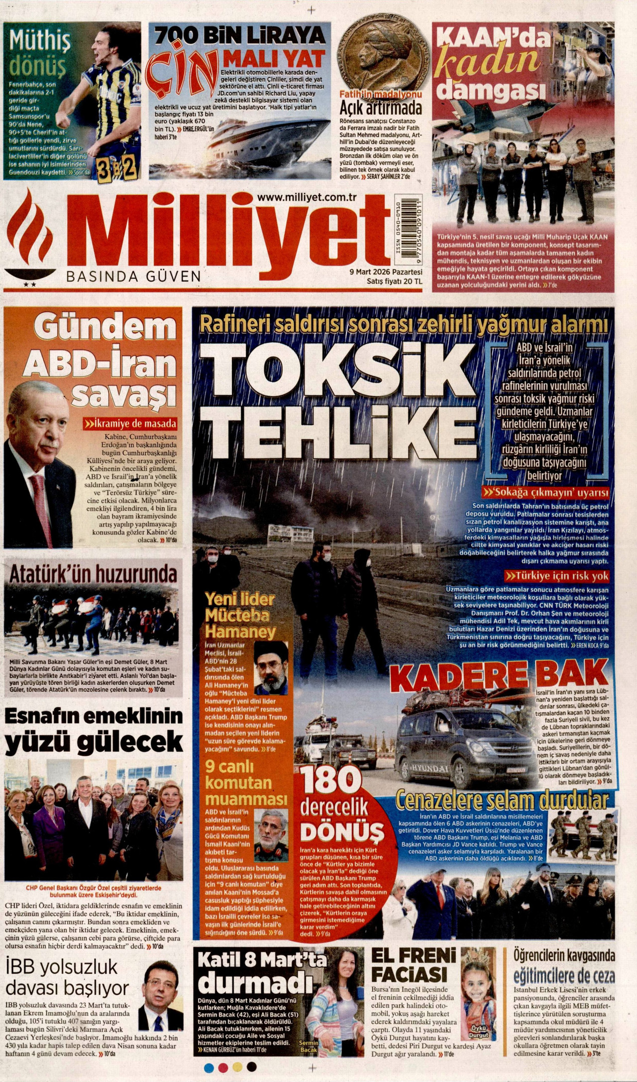 MİLLİYET gazetesinin 9 Mart 2026 tarihli birinci sayfası