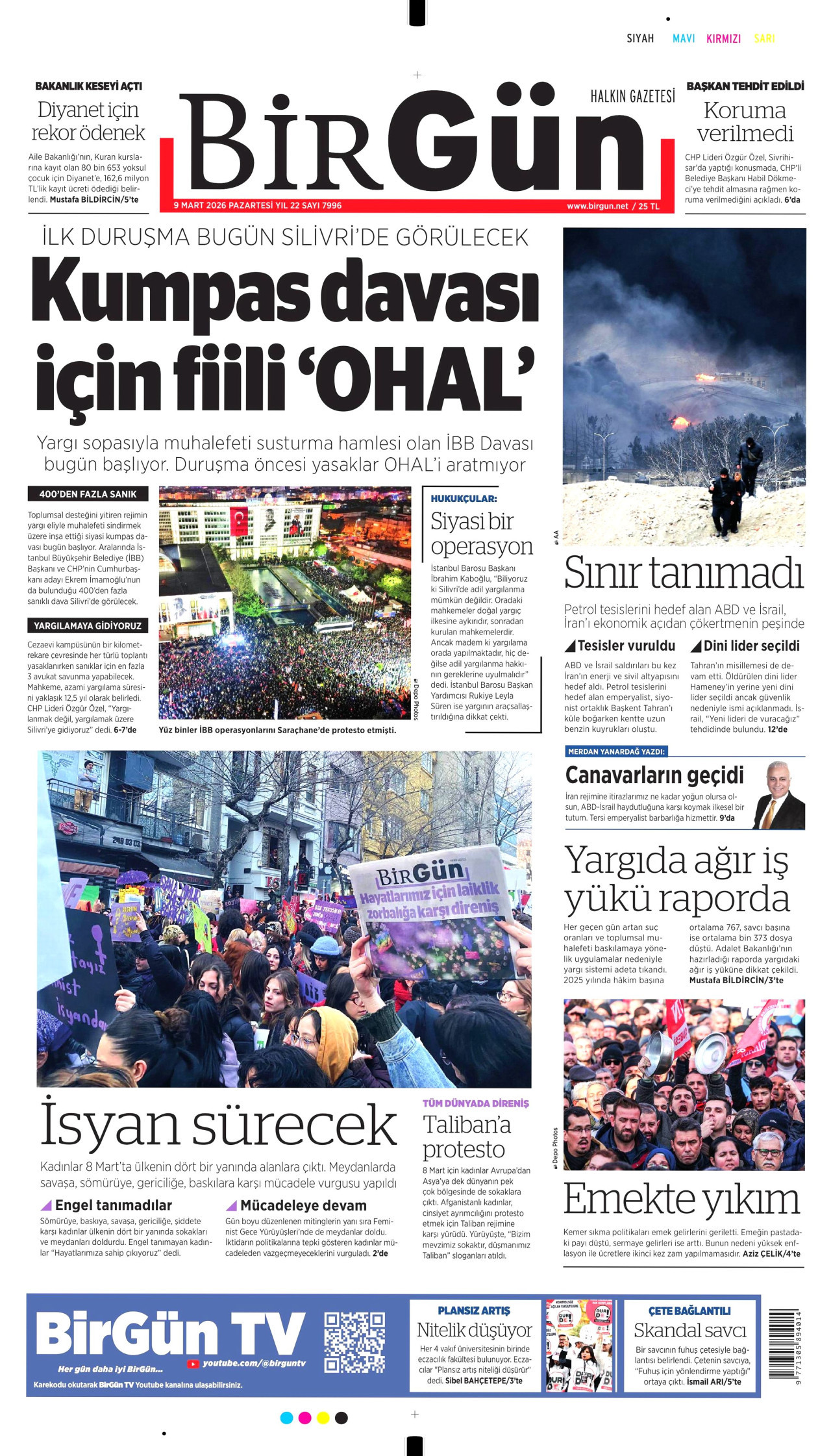 BİRGÜN gazetesinin 9 Mart 2026 tarihli birinci sayfası