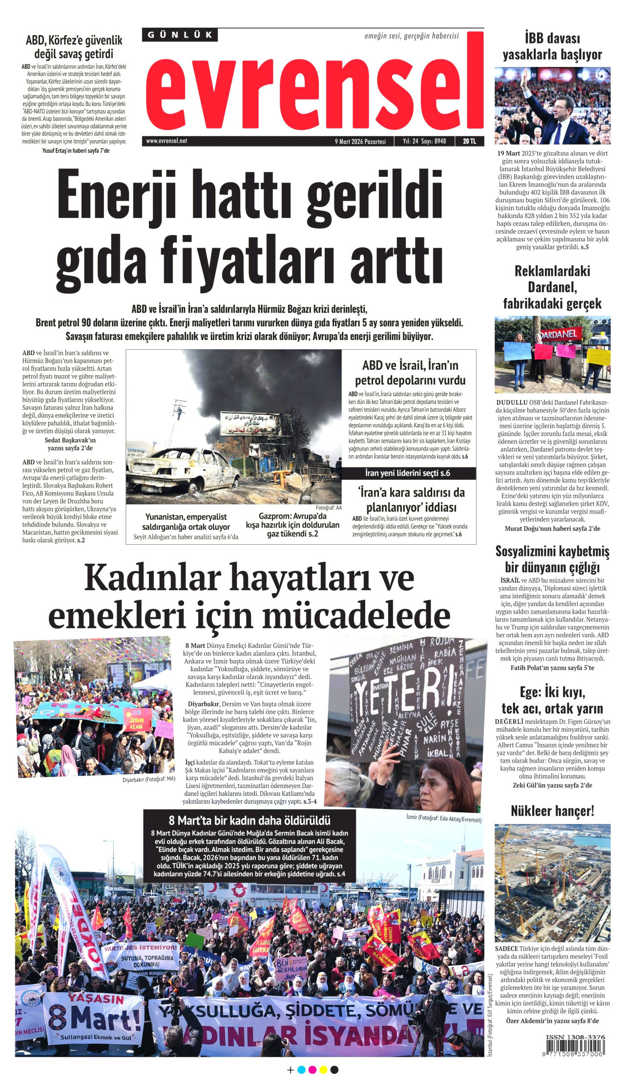 EVRENSEL gazetesinin 9 Mart 2026 tarihli birinci sayfası