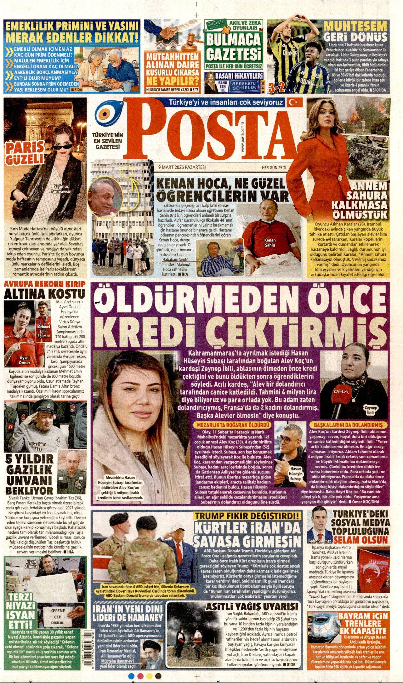 POSTA gazetesinin 9 Mart 2026 tarihli birinci sayfası
