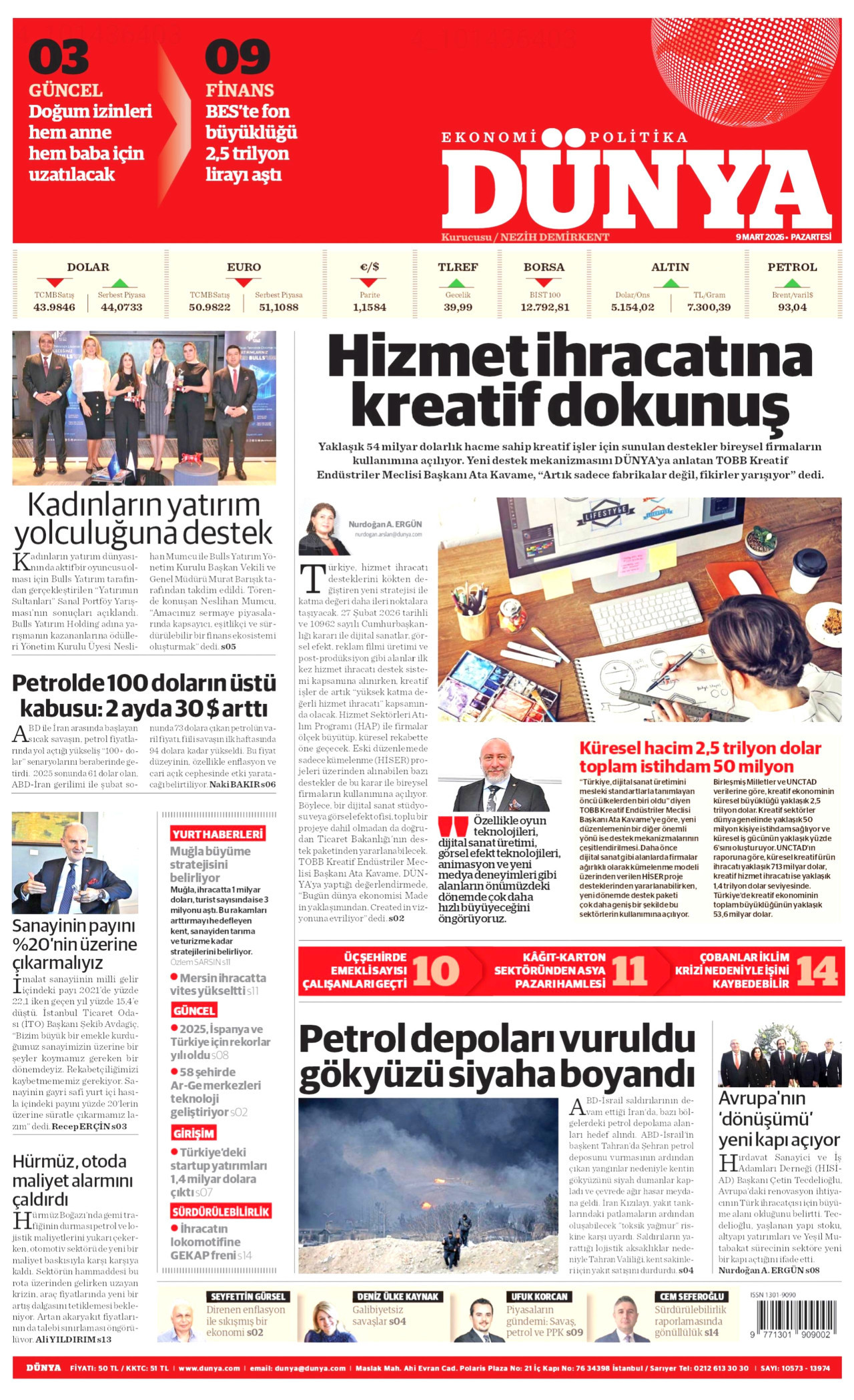 DÜNYA gazetesinin 9 Mart 2026 tarihli birinci sayfası
