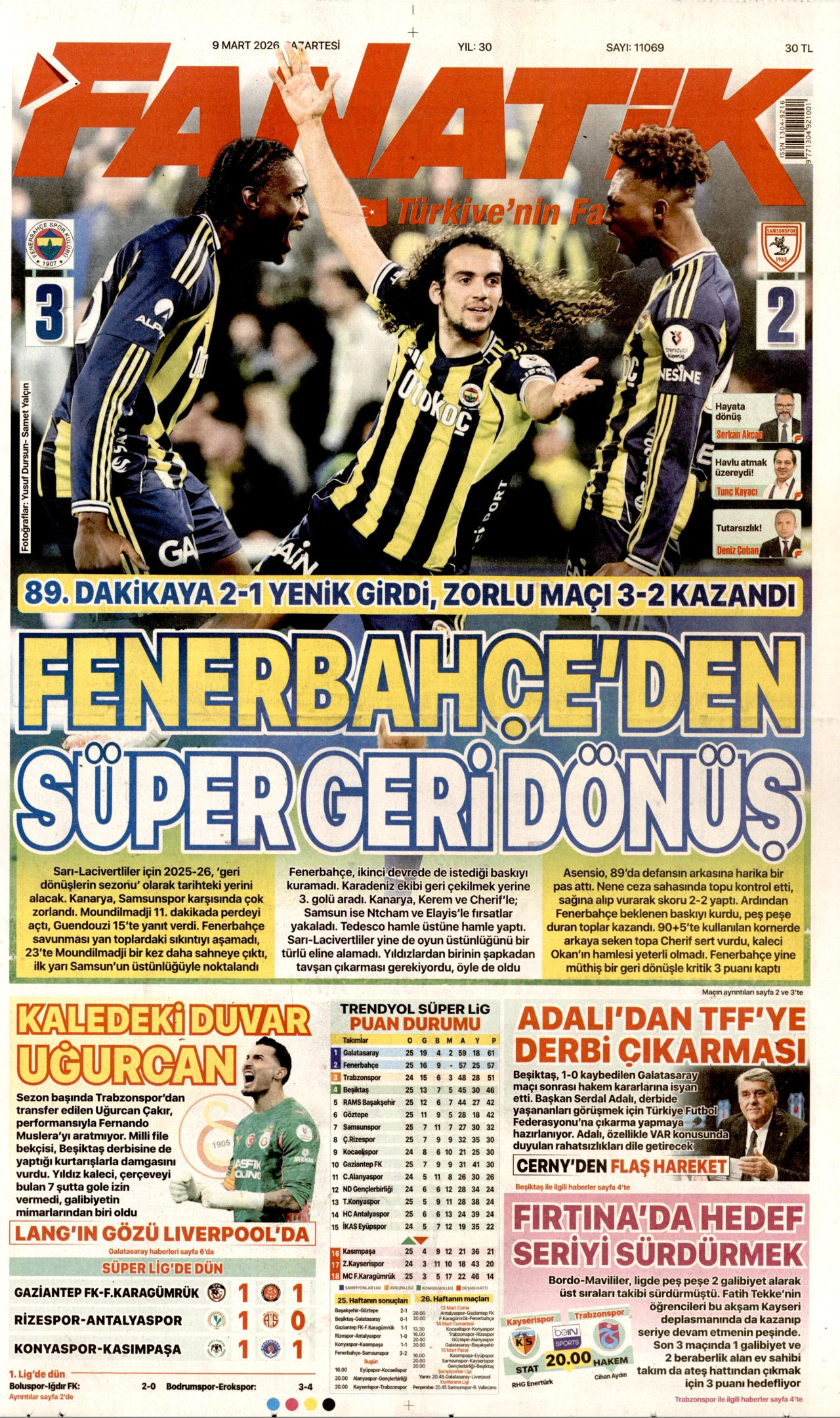 FANATİK gazetesinin 9 Mart 2026 tarihli birinci sayfası