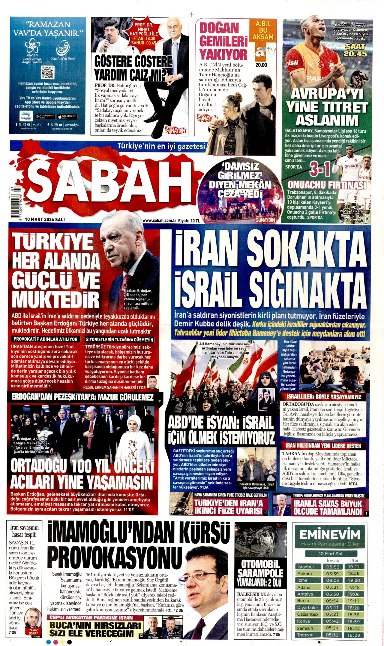 SABAH gazetesinin 10 Mart 2026 tarihli birinci sayfası