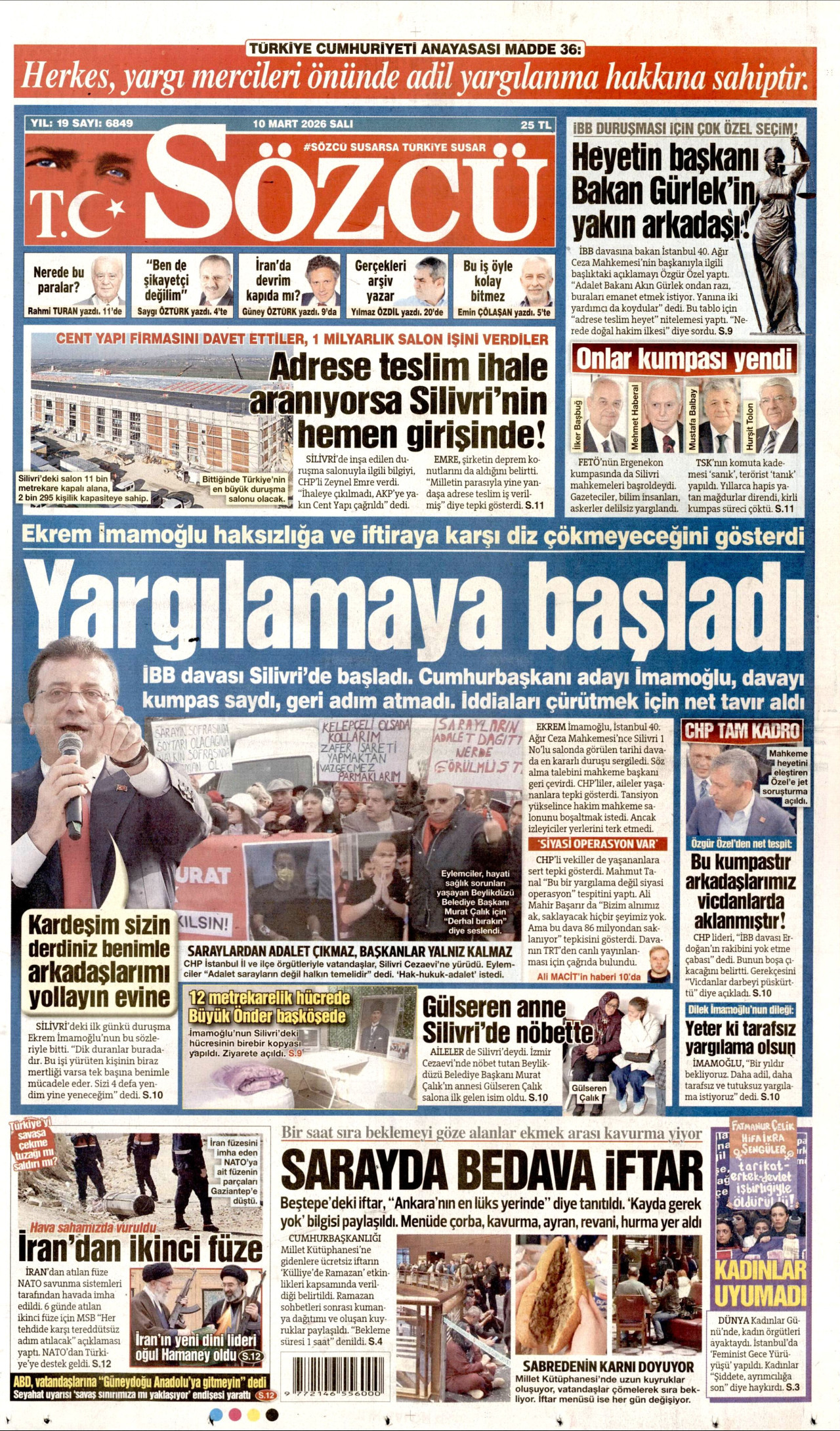 SÖZCÜ gazetesinin 10 Mart 2026 tarihli birinci sayfası