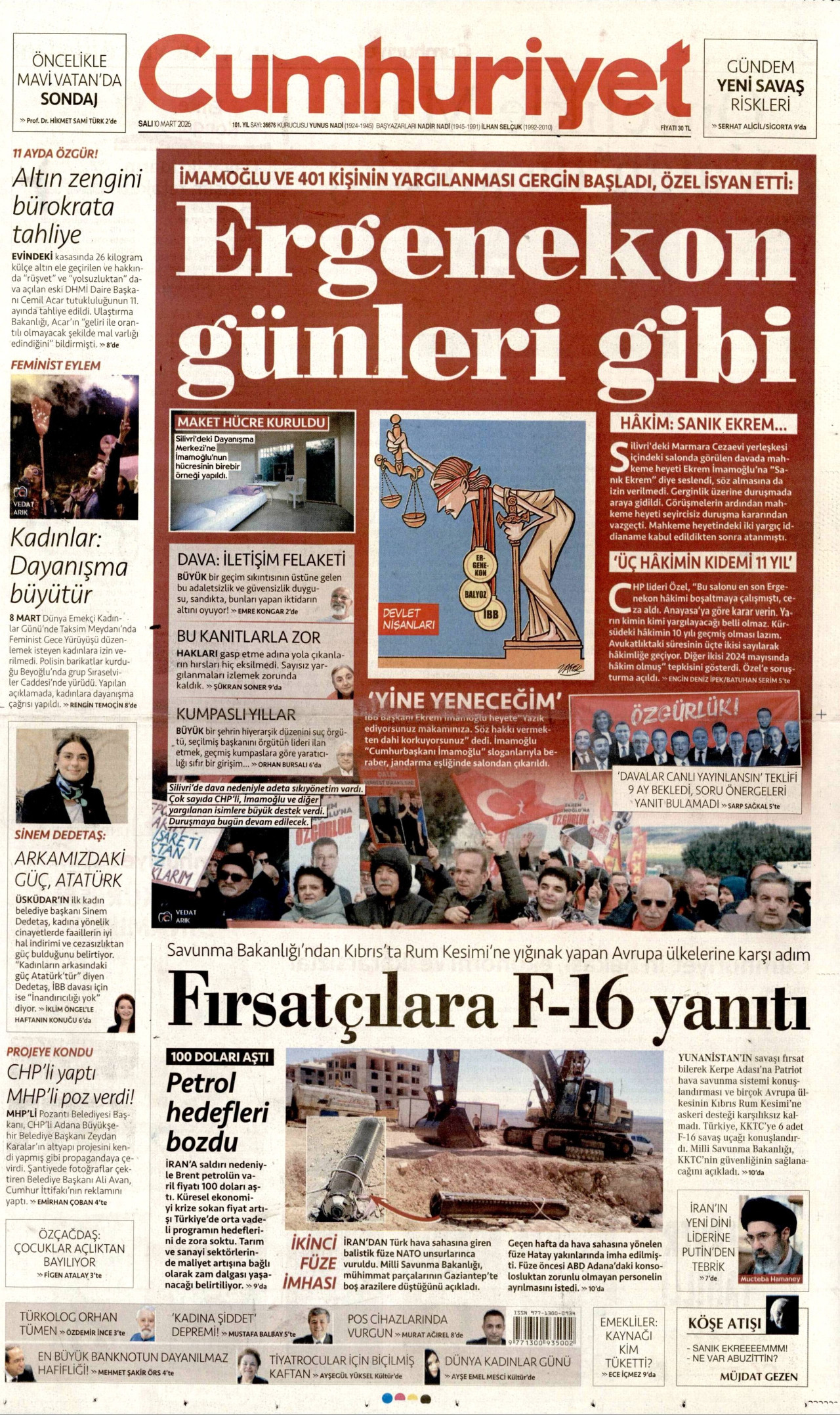 CUMHURİYET gazetesinin 10 Mart 2026 tarihli birinci sayfası