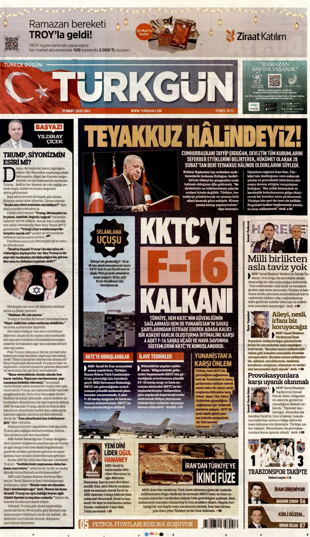 TÜRKGÜN gazetesinin 10 Mart 2026 tarihli birinci sayfası