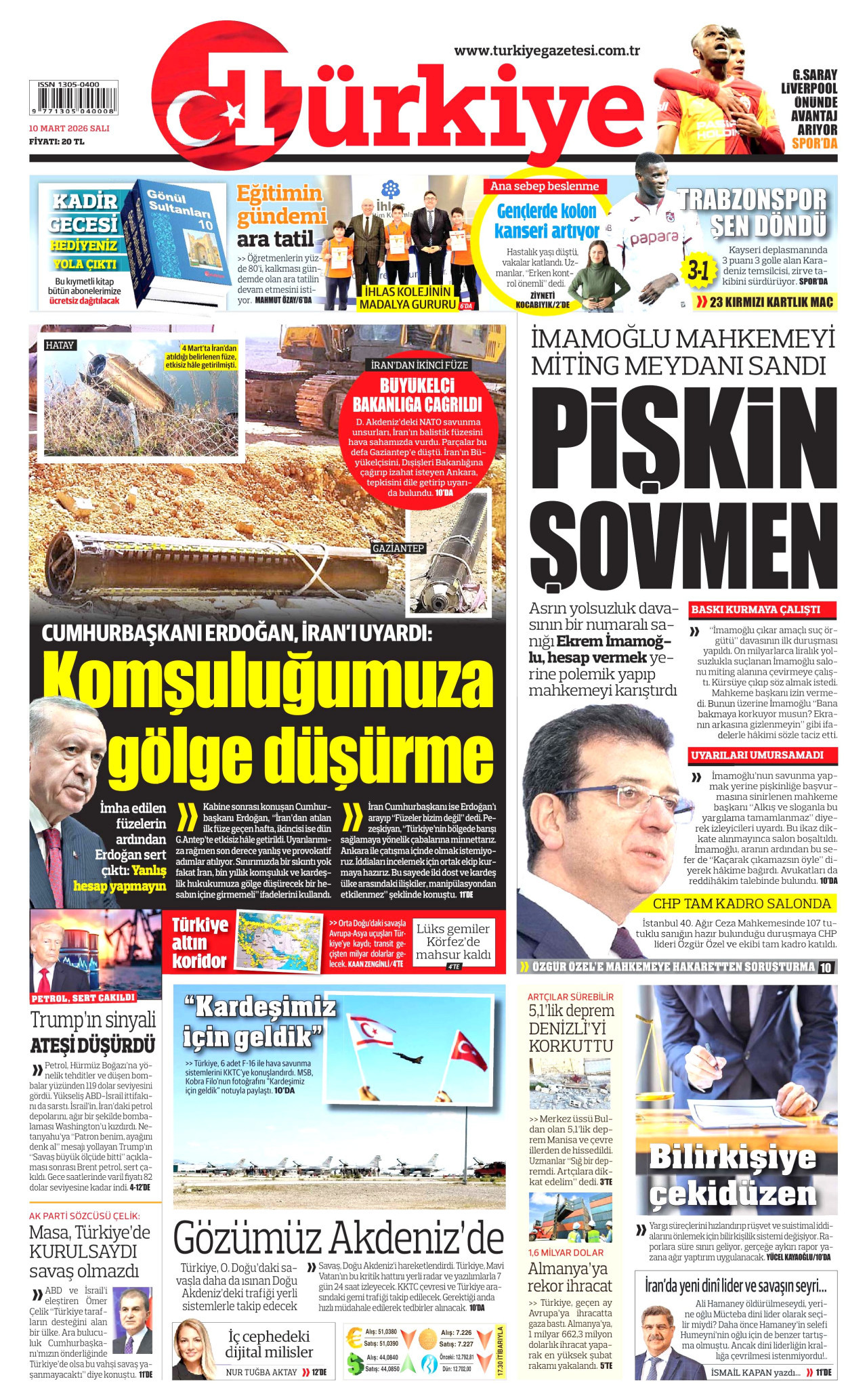 TÜRKİYE GAZETESİ gazetesinin 10 Mart 2026 tarihli birinci sayfası