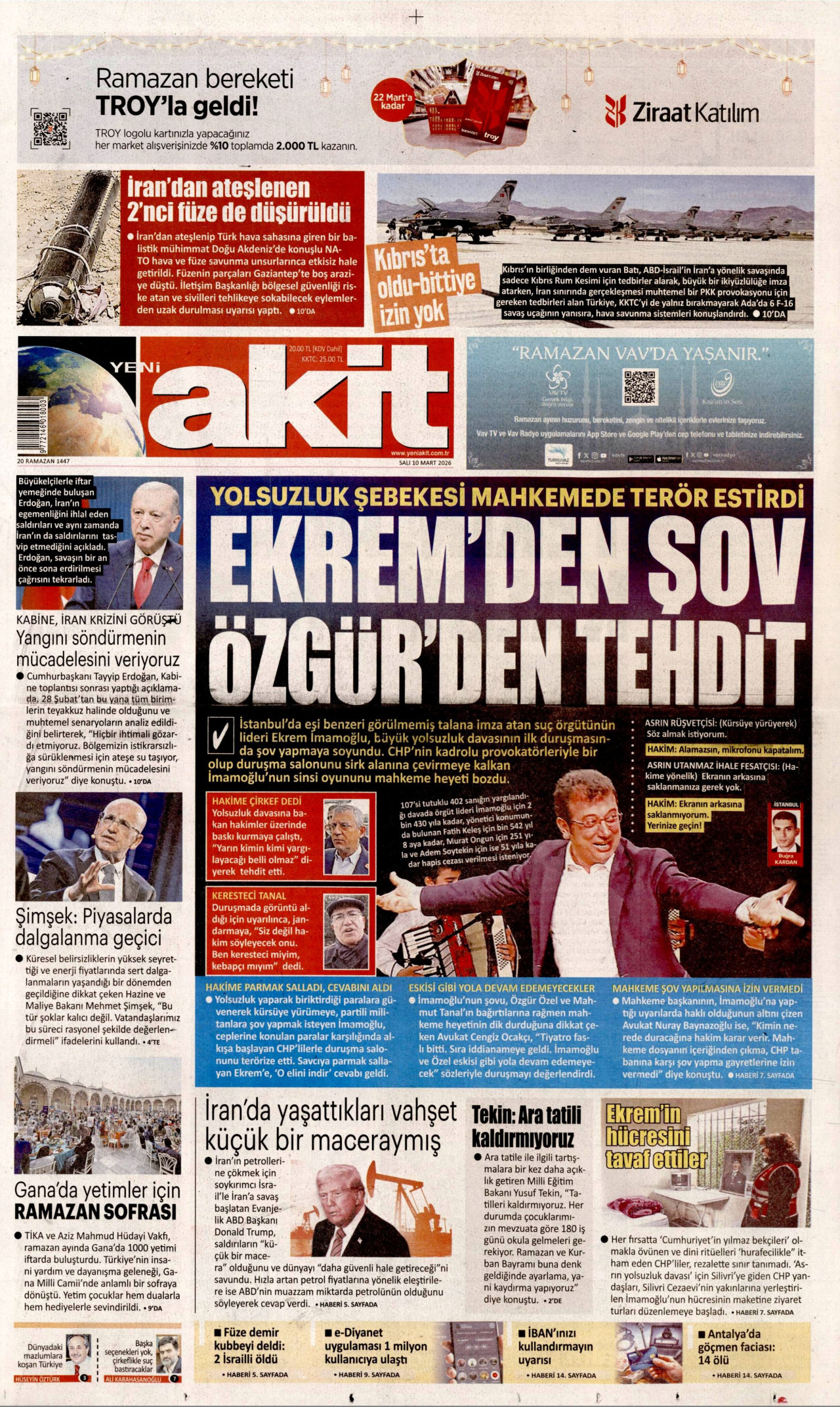 YENİ AKİT gazetesinin 10 Mart 2026 tarihli birinci sayfası