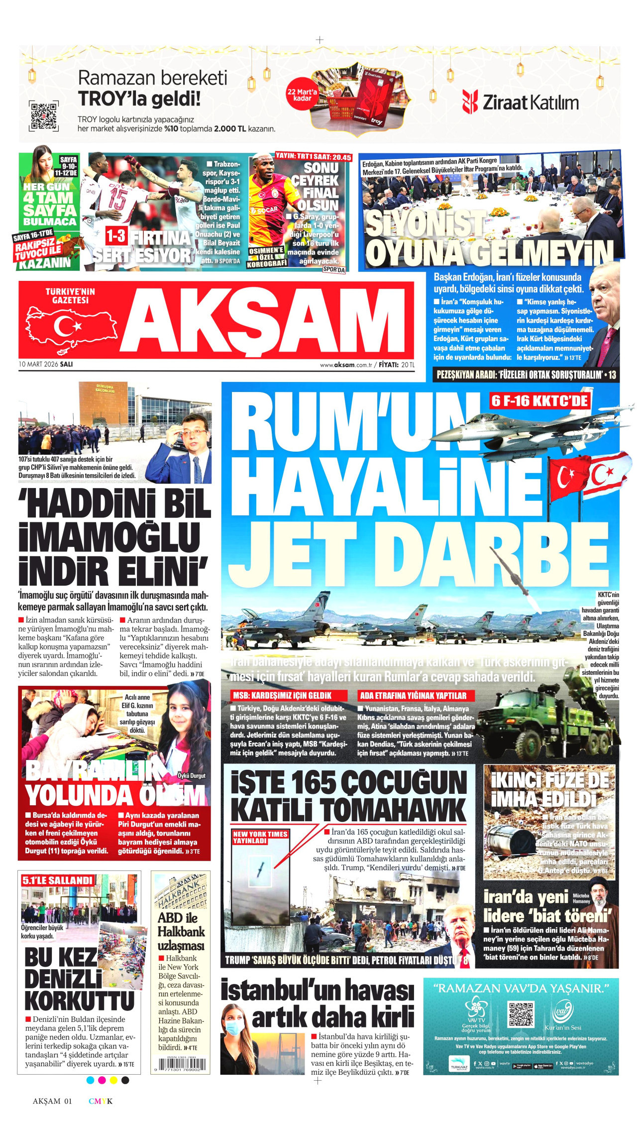 AKŞAM gazetesinin 10 Mart 2026 tarihli birinci sayfası