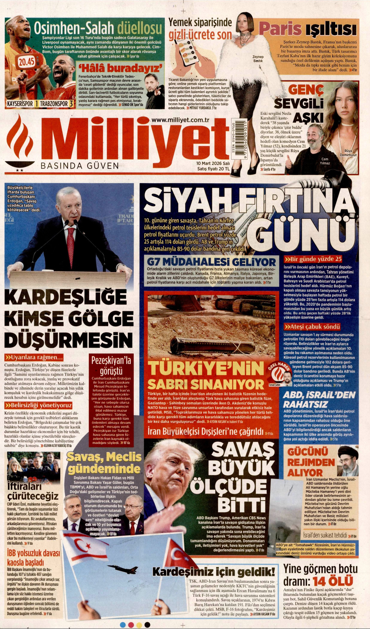 MİLLİYET gazetesinin 10 Mart 2026 tarihli birinci sayfası