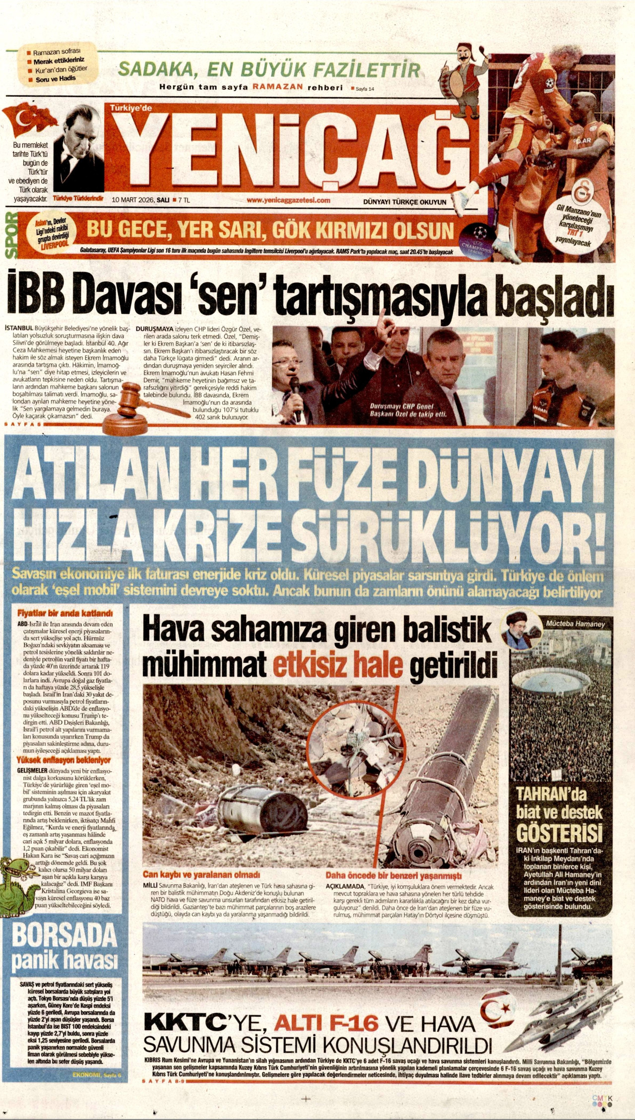 YENİÇAĞ gazetesinin 10 Mart 2026 tarihli birinci sayfası