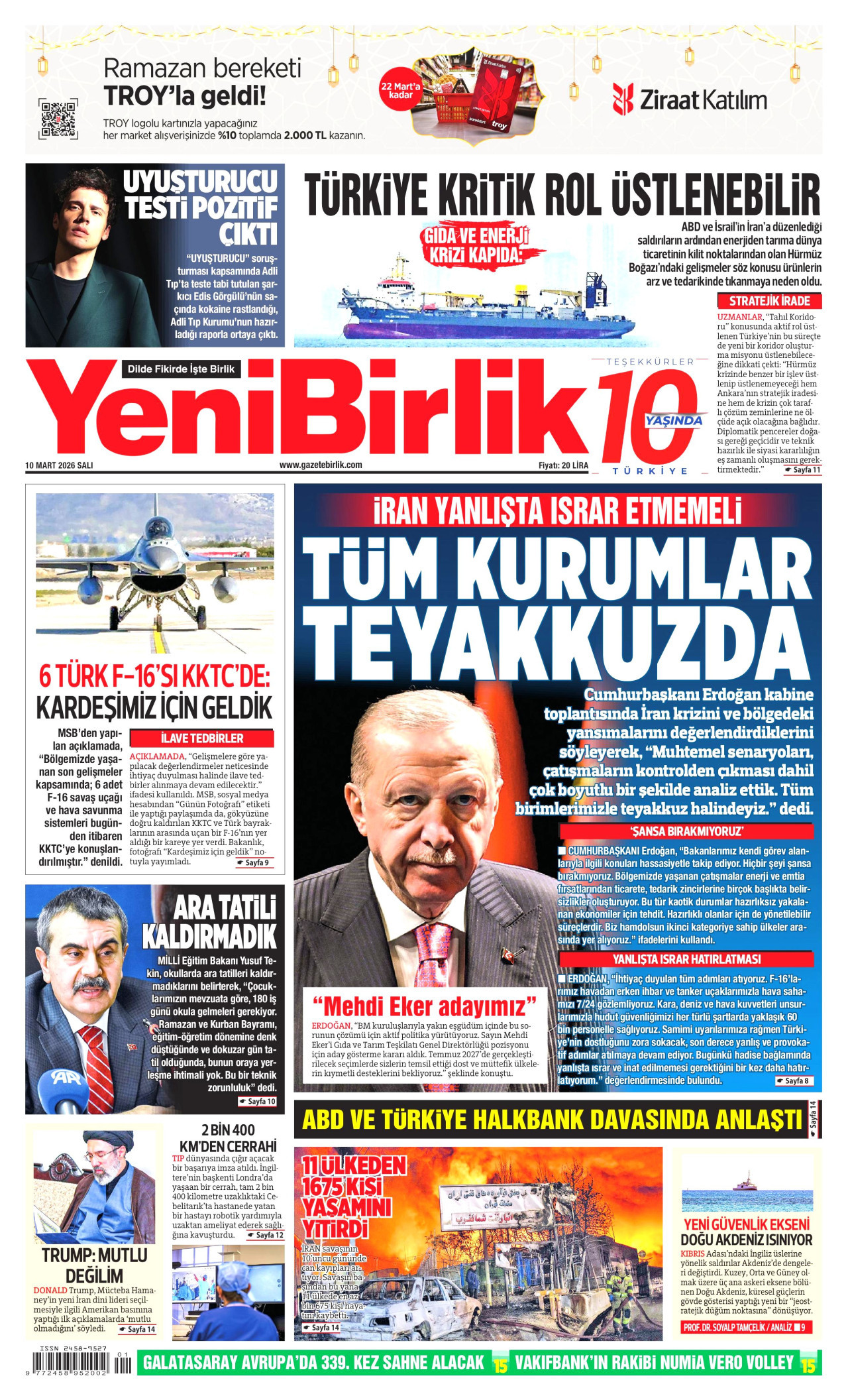 YENİBİRLİK gazetesinin 10 Mart 2026 tarihli birinci sayfası