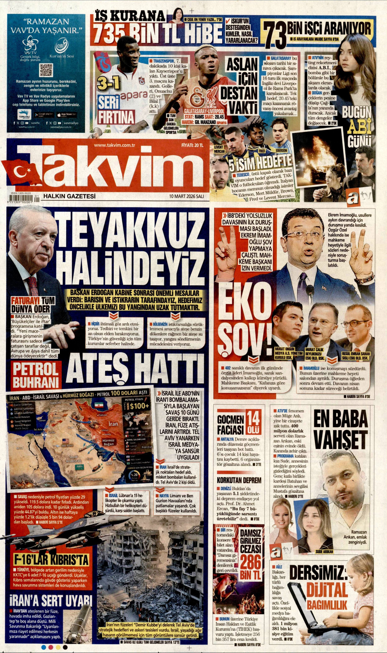 TAKVİM gazetesinin 10 Mart 2026 tarihli birinci sayfası