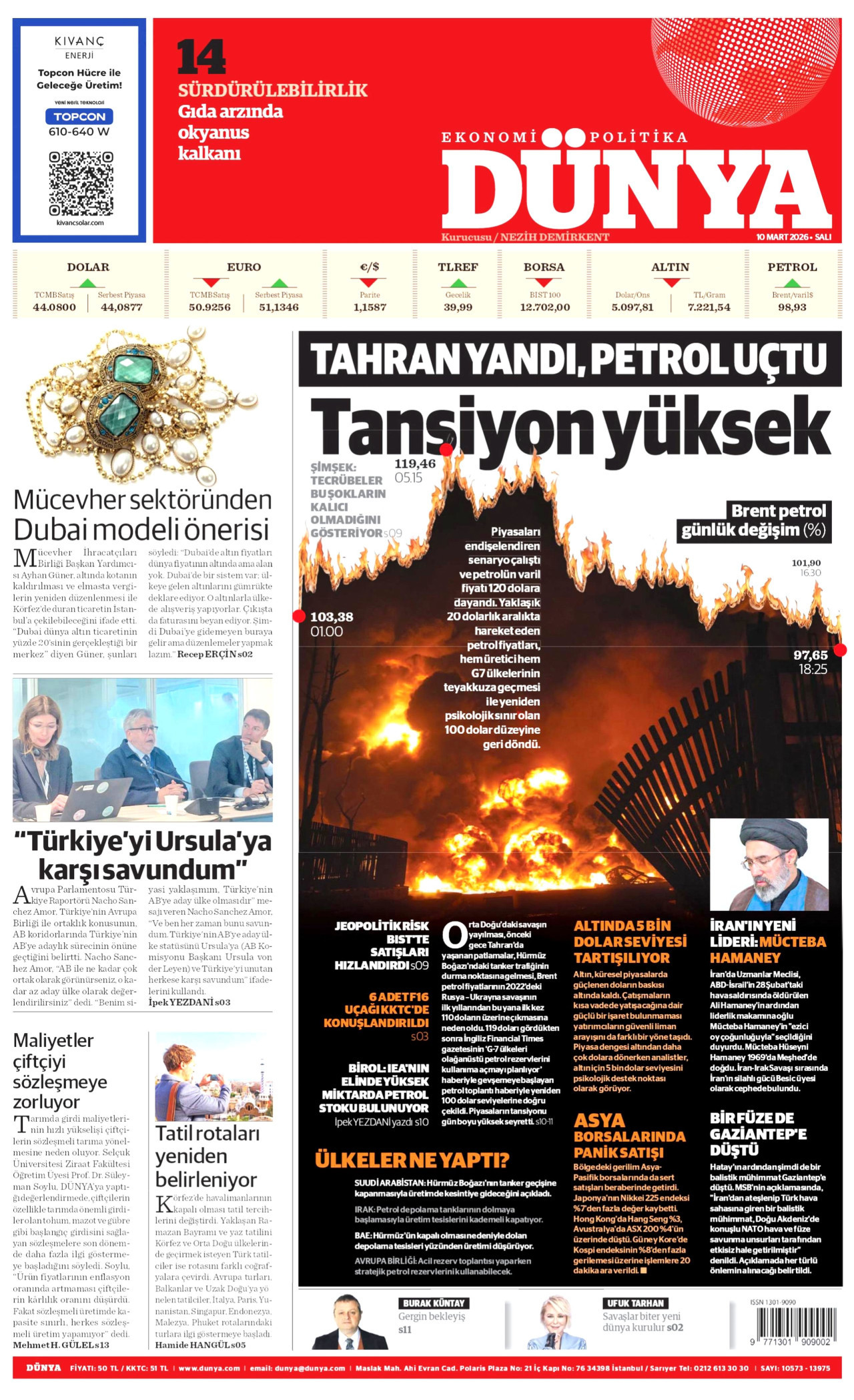 DÜNYA gazetesinin 10 Mart 2026 tarihli birinci sayfası