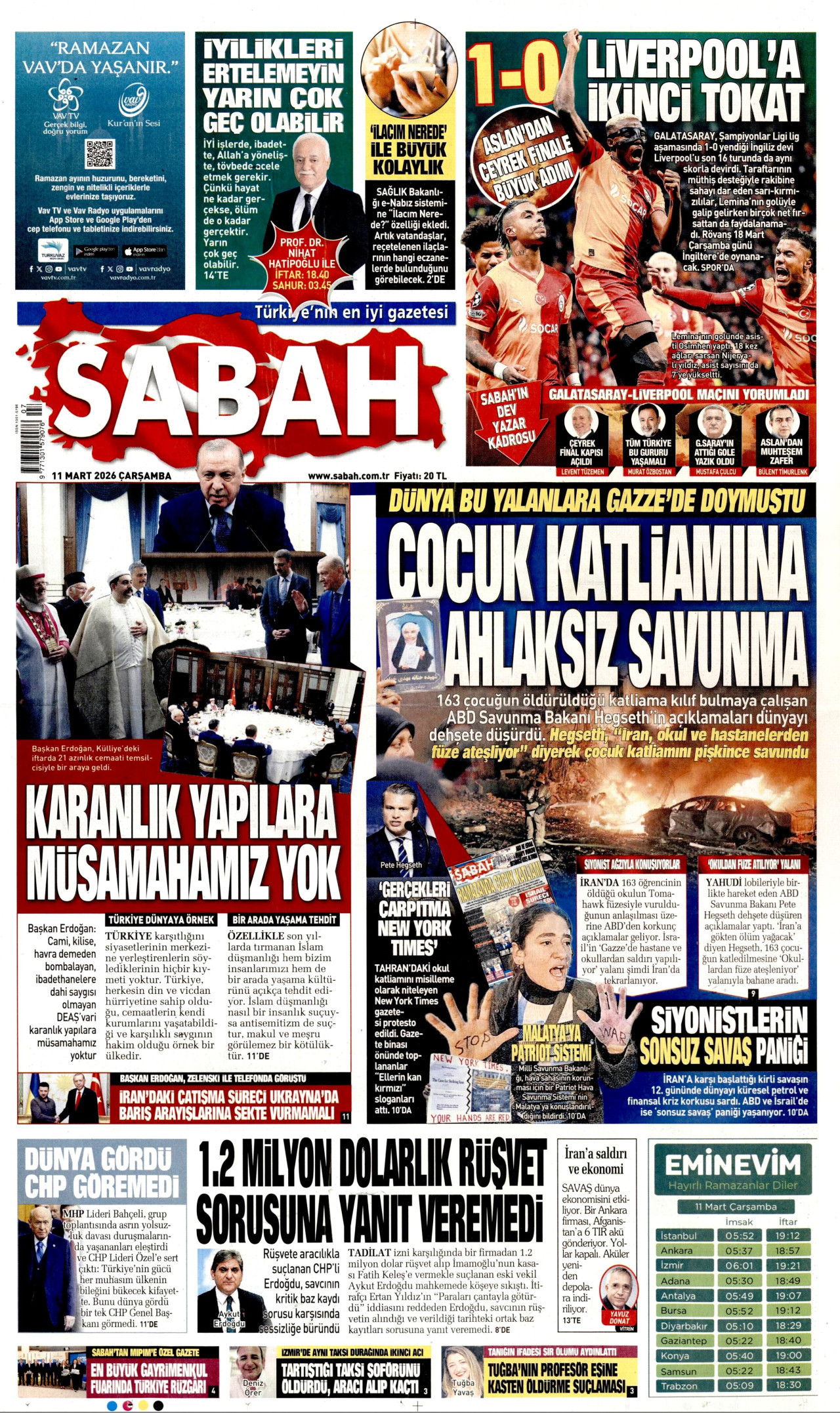 SABAH gazetesinin 11 Mart 2026 tarihli birinci sayfası