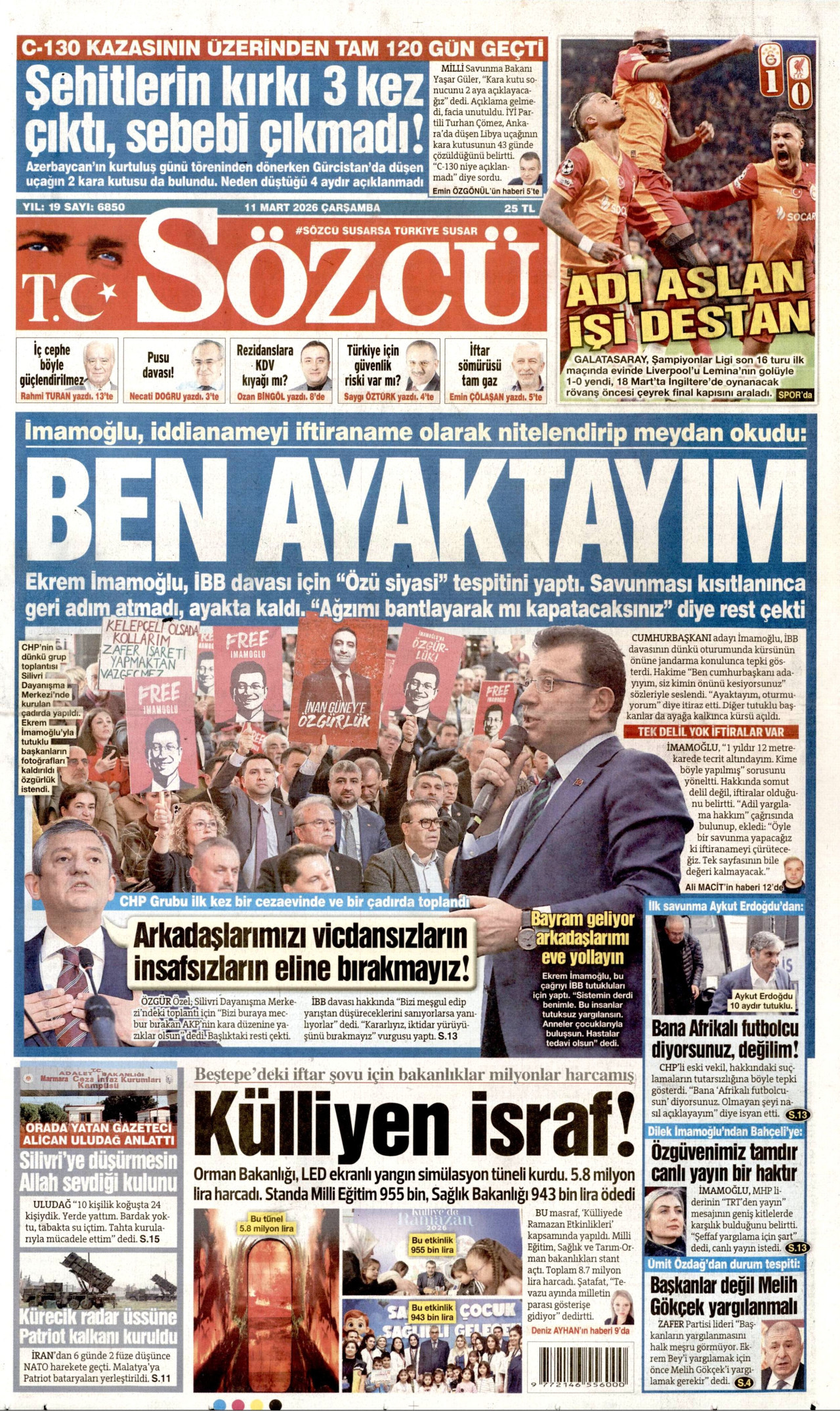 SÖZCÜ gazetesinin 11 Mart 2026 tarihli birinci sayfası