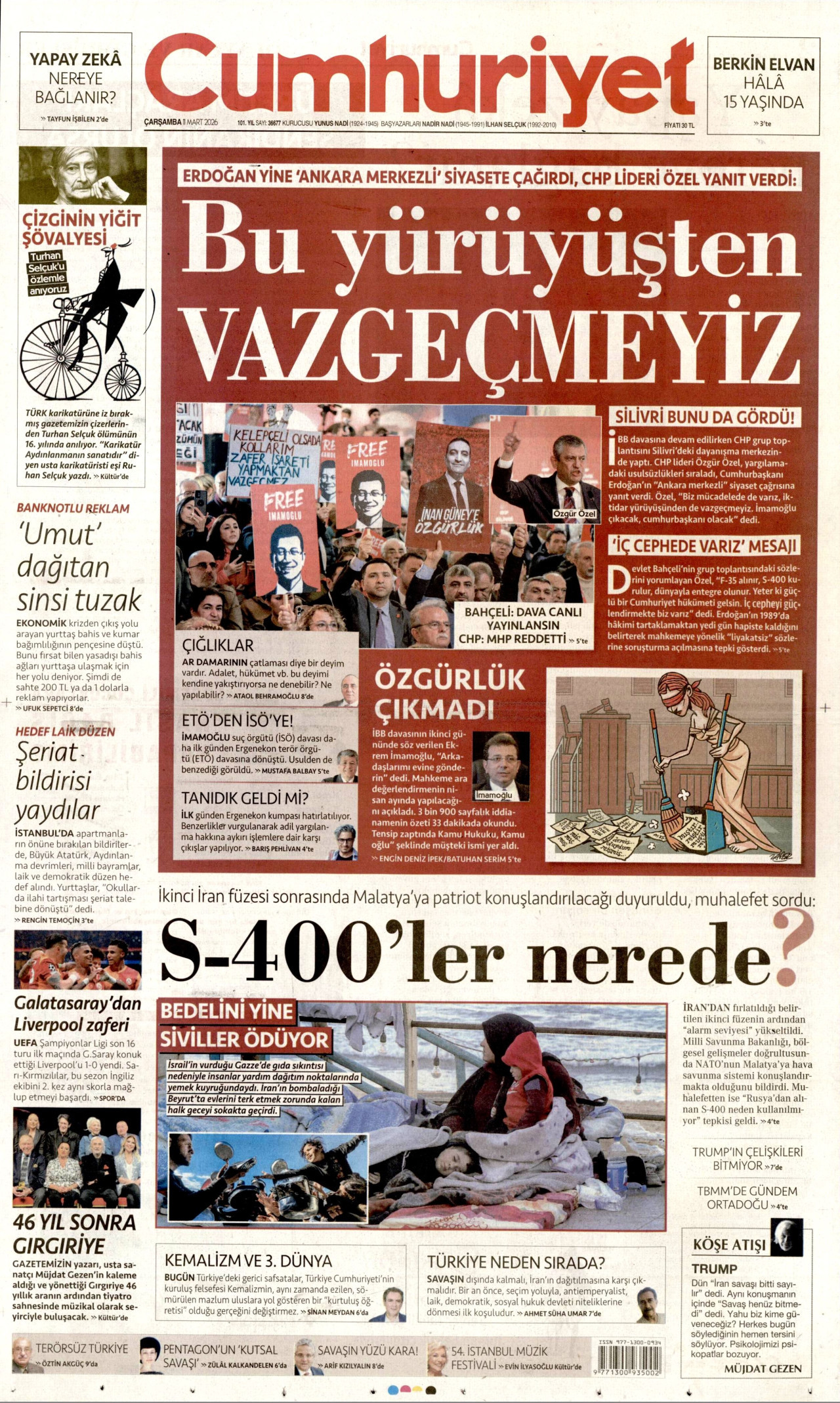 CUMHURİYET gazetesinin 11 Mart 2026 tarihli birinci sayfası