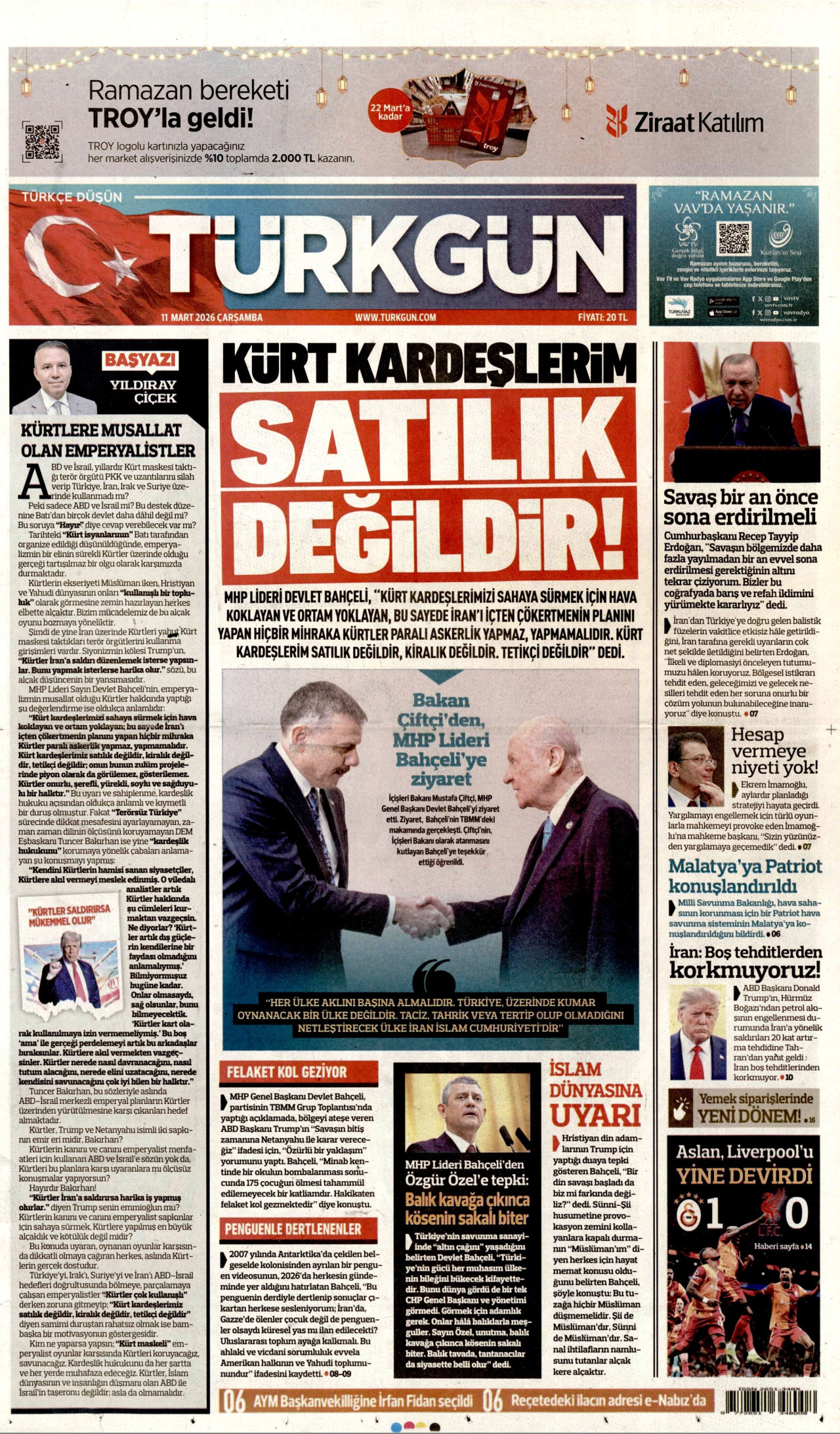 TÜRKGÜN gazetesinin 11 Mart 2026 tarihli birinci sayfası