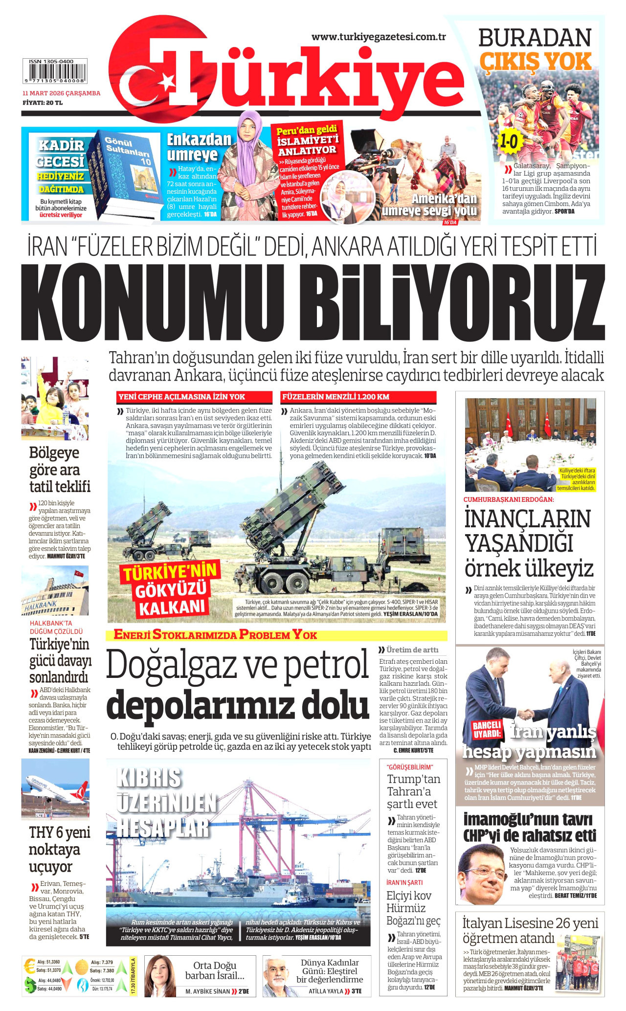 TÜRKİYE GAZETESİ gazetesinin 11 Mart 2026 tarihli birinci sayfası