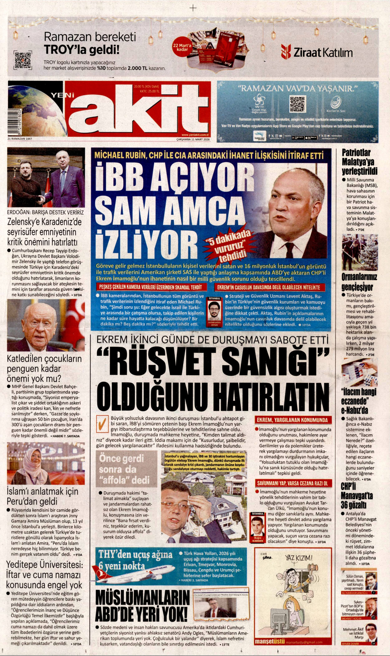 YENİ AKİT gazetesinin 11 Mart 2026 tarihli birinci sayfası