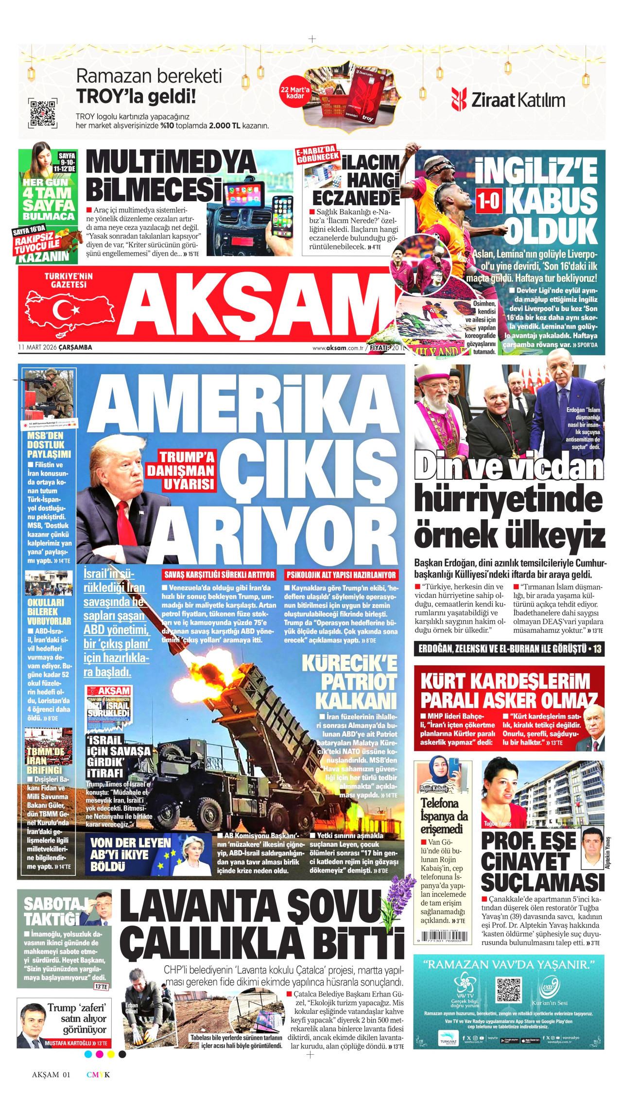 AKŞAM gazetesinin 11 Mart 2026 tarihli birinci sayfası