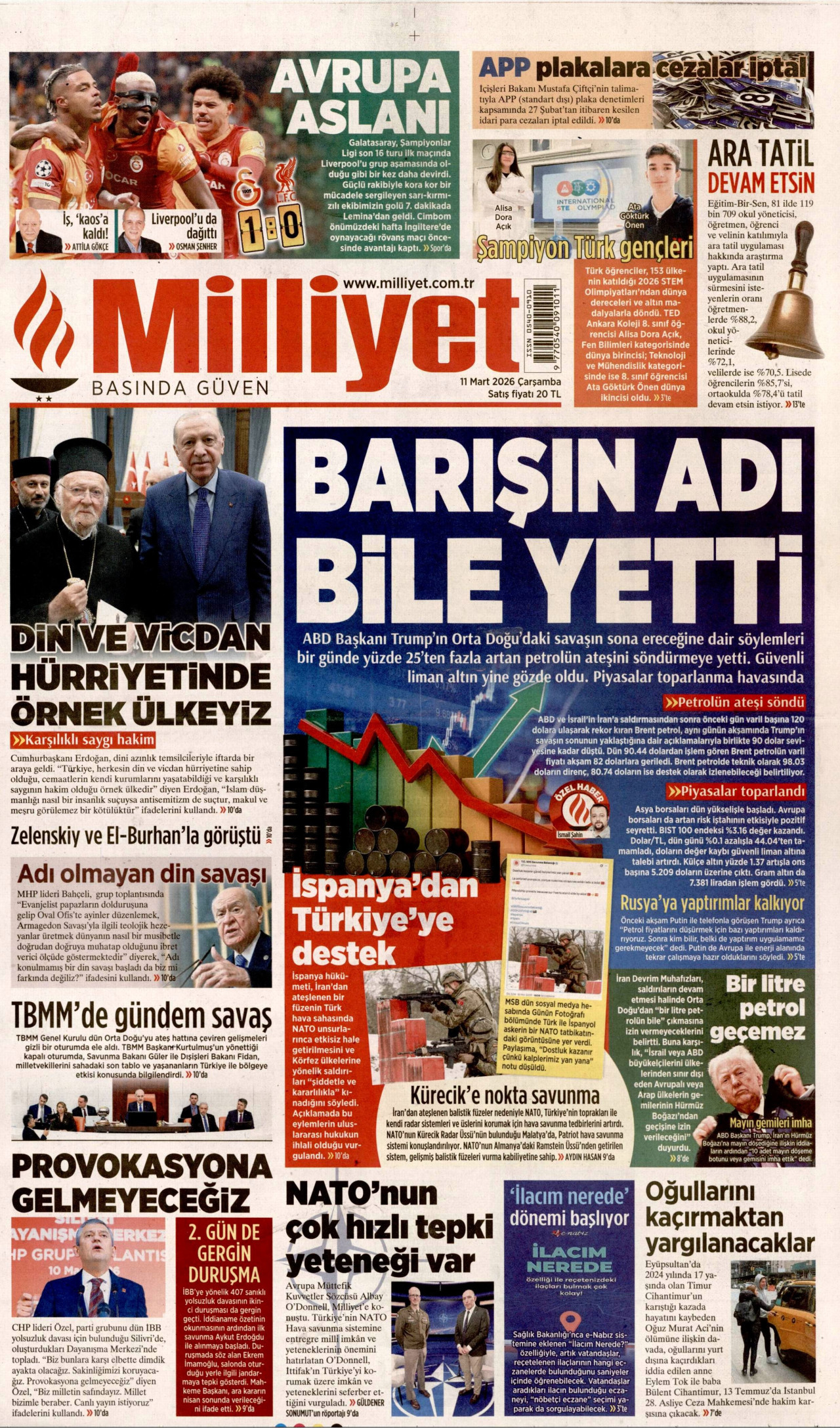 MİLLİYET gazetesinin 11 Mart 2026 tarihli birinci sayfası