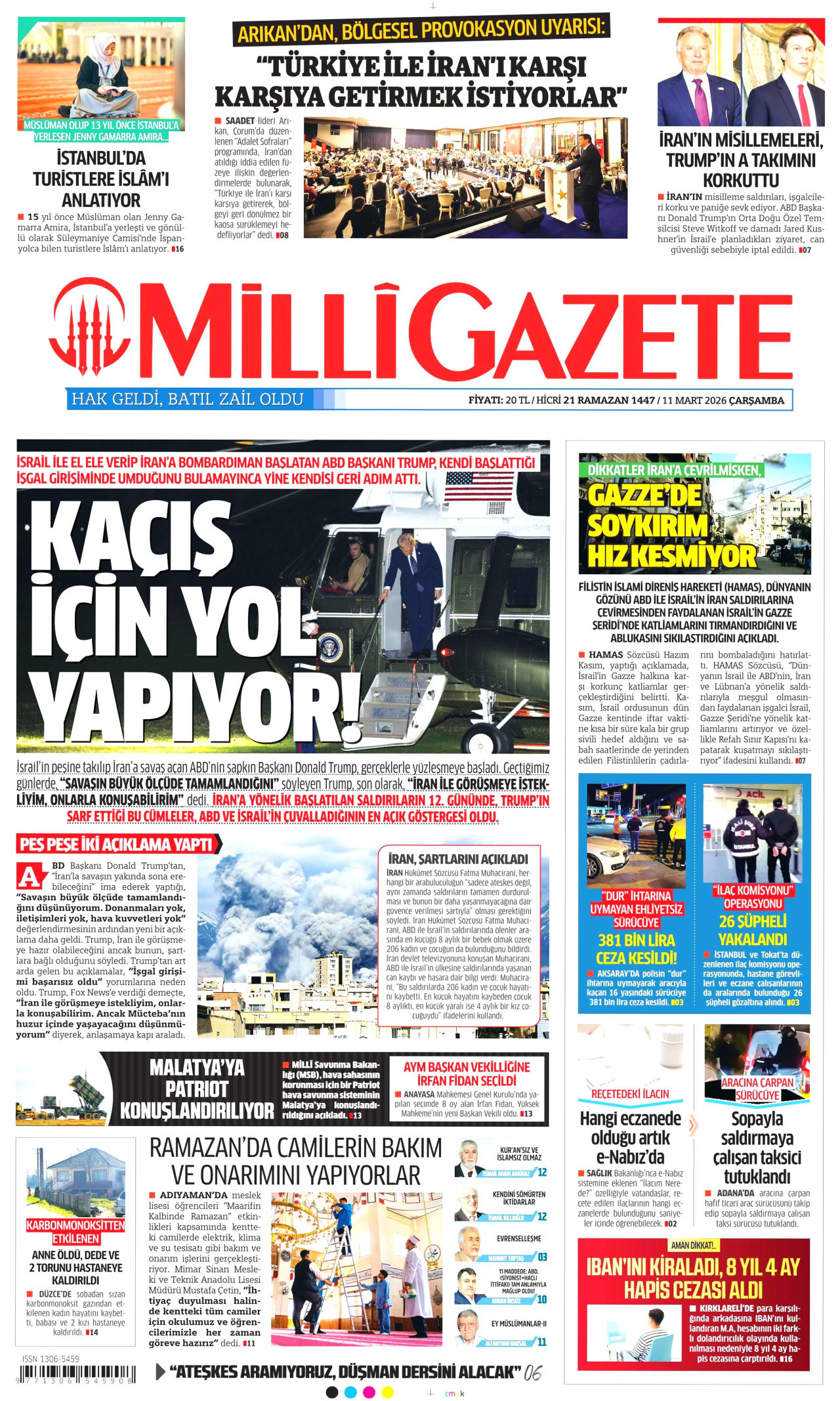 MİLLİ GAZETE gazetesinin 11 Mart 2026 tarihli birinci sayfası