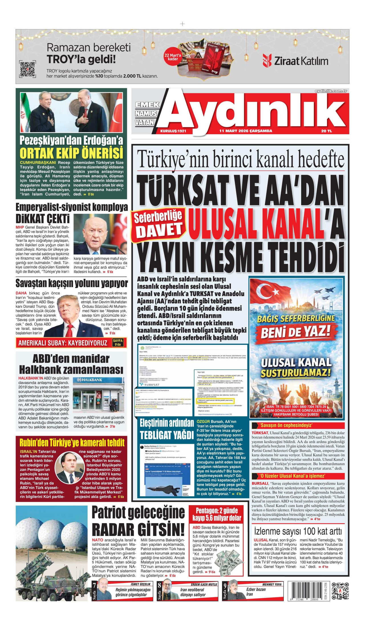 AYDINLIK GAZETESİ gazetesinin 11 Mart 2026 tarihli birinci sayfası
