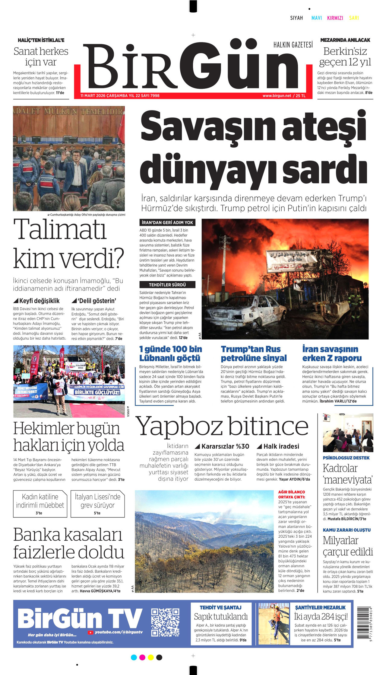 BİRGÜN gazetesinin 11 Mart 2026 tarihli birinci sayfası